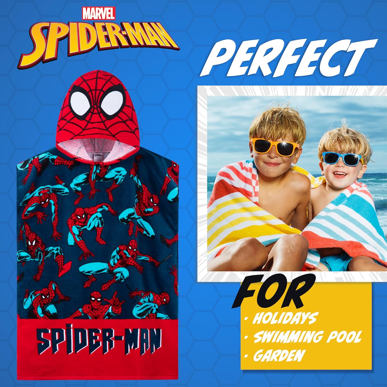 Marvel Spiderman Kids Changing Robe, Hooded Towel Poncho Boys Girls, Avengers Wearable Towel for Swim Surf, Gifts for Kids (Red/Blue Spiderman, 10-13 Years) - Image 3