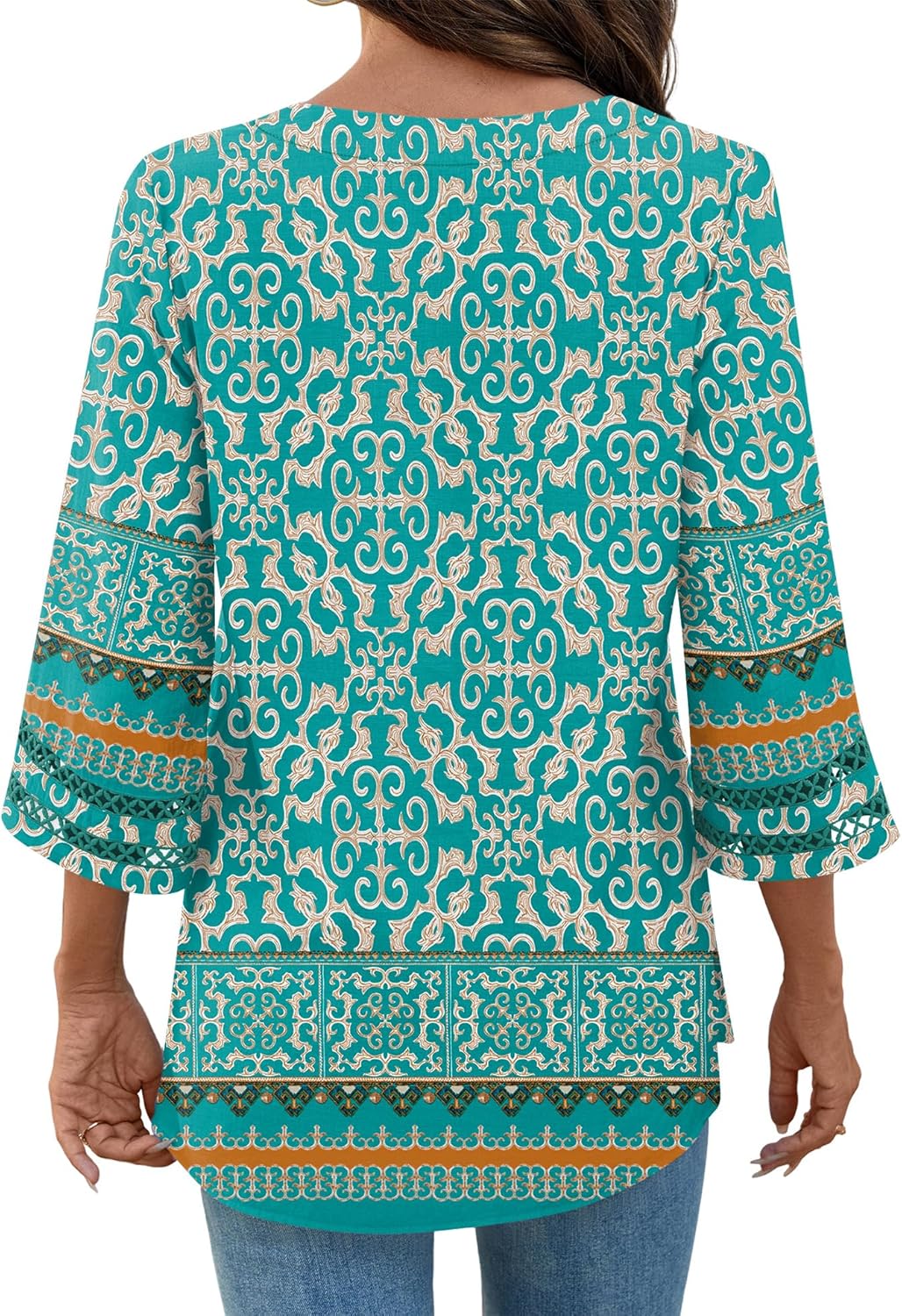 Lomon Womens 3/4 Sleeve V Neck Bohemian Blouses Casual Loose Fit Tunic Tops Vacation Clothes - Image 3