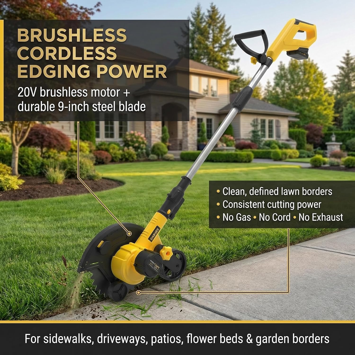 20V Cordless Lawn Edger, Brushless Battery Powered Edger Lawn Tool with 9-Inch Steel Blade, 4.0Ah Battery & Charger, 3 Depth Settings, Adjustable Handle, Dual Wheels Yard Edger, Yellow