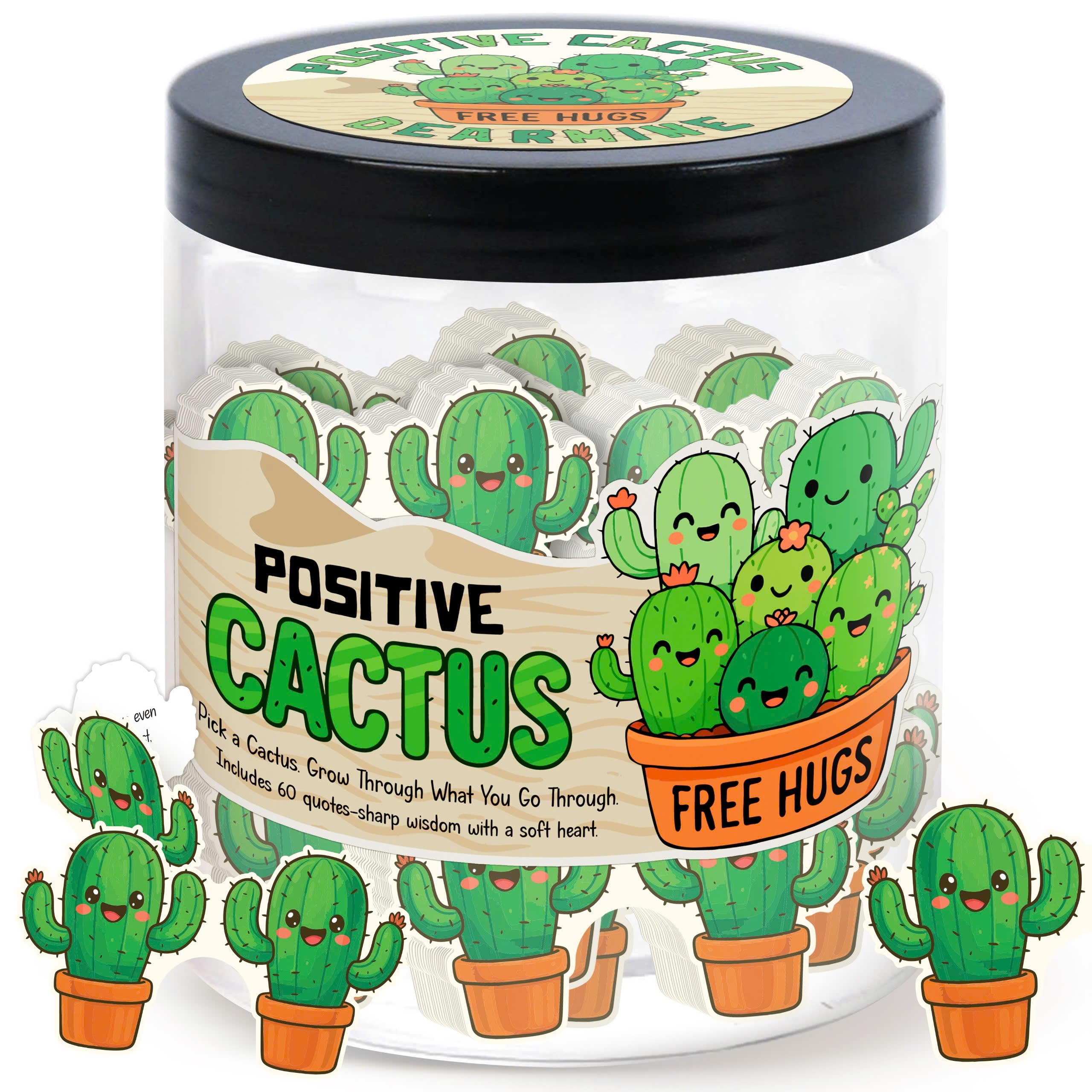 DEARMINE Positive Cactus Jar with 60 Daily Affirmation Cards, Emotional Support Plant Cactus Gifts, Stress Relief, Motivational Gift, Cactus Plushies, Mini Plant Toy Decor, Funny Gifts for Women (Pack of 1) - main product image