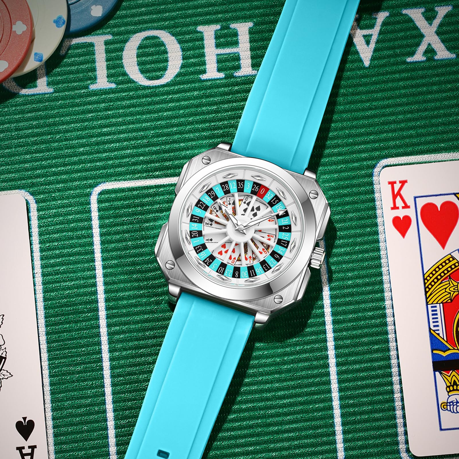 MASTOP Roulette-Rad-Uhren für Männer mit rotierendem Zifferblatt Poker quadratisches Silikonkautschukarmband einzigartige kreative auffällige coole Business-Herrenuhren