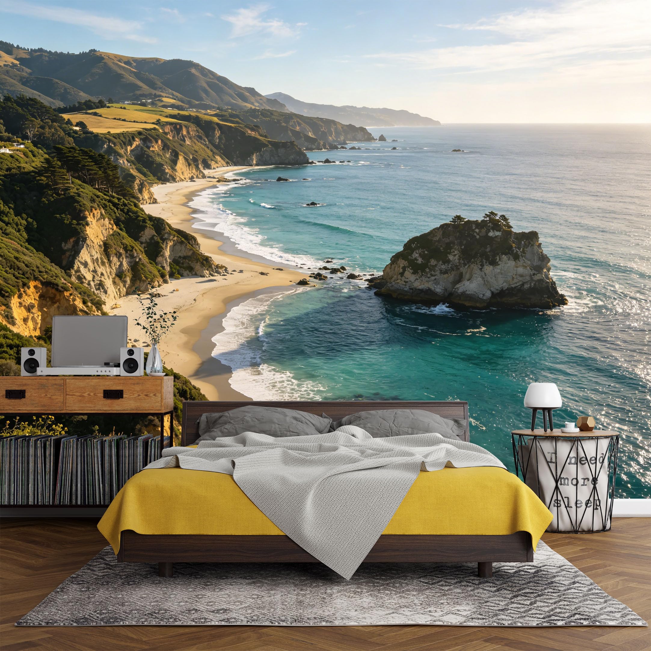 Custom Size Wall Mural， Coastal Cliff Shoreline Ocean Waves Scenic Landscape， SelfAdhesive Art Prints wall Fabric (No PVC) Removable Wallpaper Living Room Decor