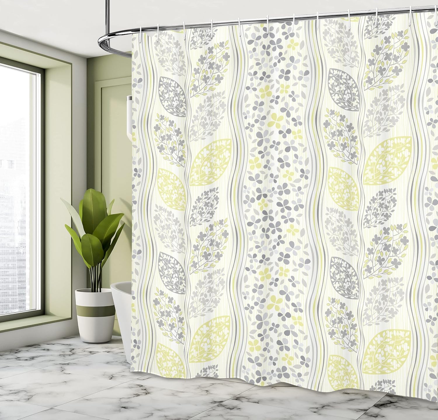 Ambesonne Grey Shower Curtain, Leaves Motif with Stripes and Branches Creative Repetitive Plants Flower Fall Theme, Cloth Fabric Bathroom Decor Set with Hooks, 69" W x 70" L, Grey Green