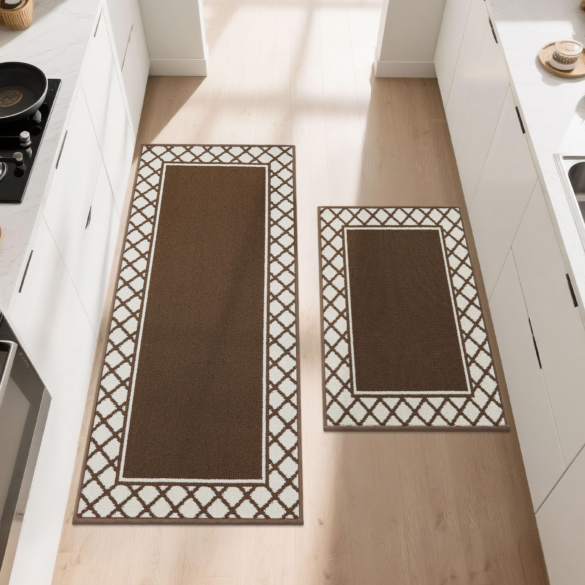 COSY HOMEER 2 Pieces Absorbent Kitchen Runner Rug Mats, 60x89cm+60x152cm, Extra Nonslip TPR Backed Carpet Rugs for Kitchen, Soft Standing & Machine Washable, Vacuum Cleaner Available No Curling, Brown