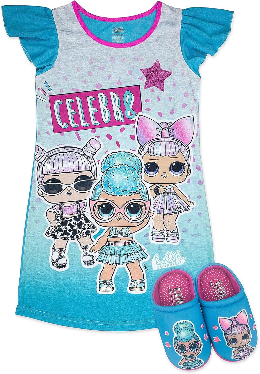 Girls Pajama Set, Pajama Dress with Slippers, Rocker Diva and MC Swag, Pink, Girls Sizes 4-5 to 10-12