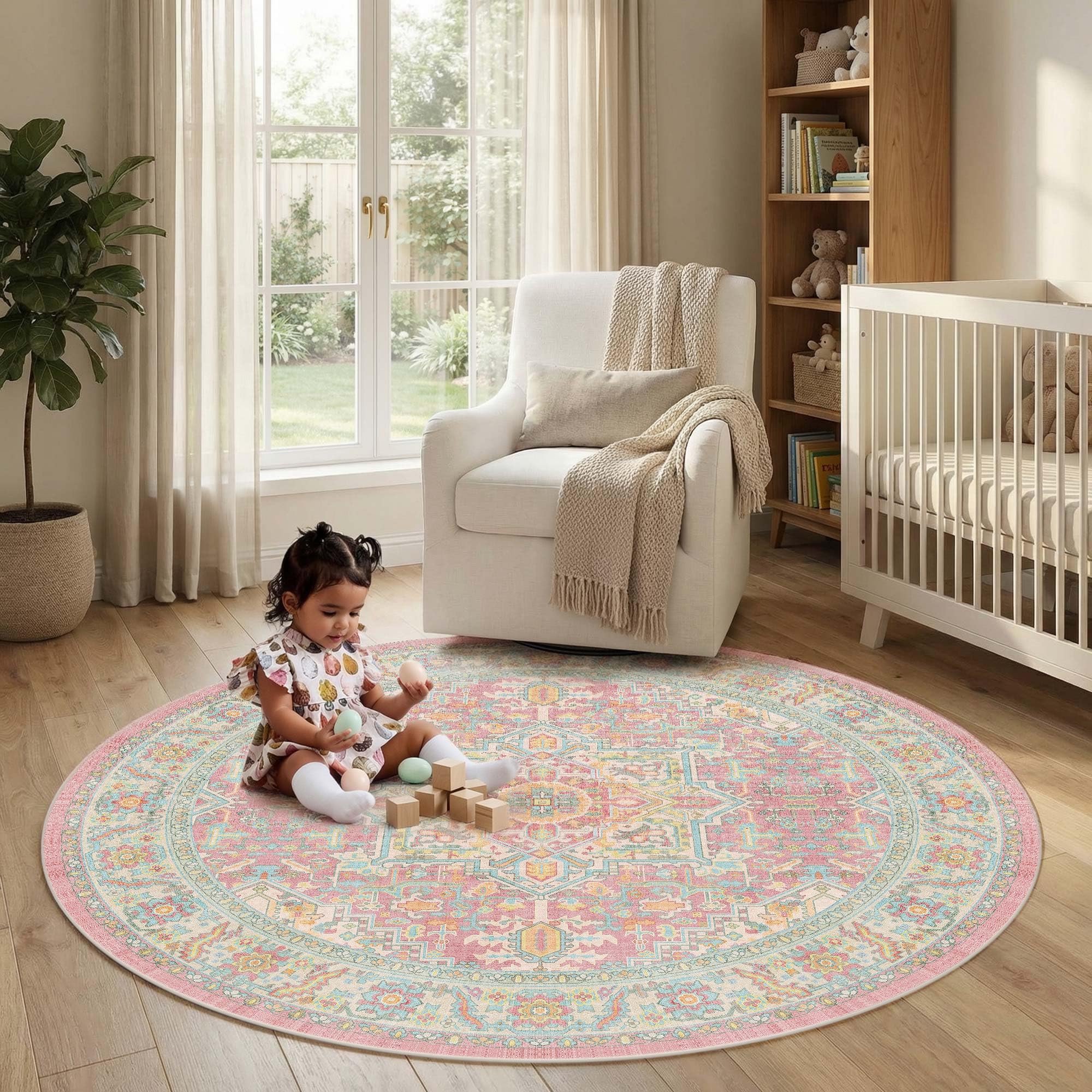 Kokia Alfombra redonda vintage oriental, 120 cm, lavable, con diseño de medallón, suave, antideslizante, resistente a las manchas, pelo plano, para habitación infantil, rincón de lectura, terraza