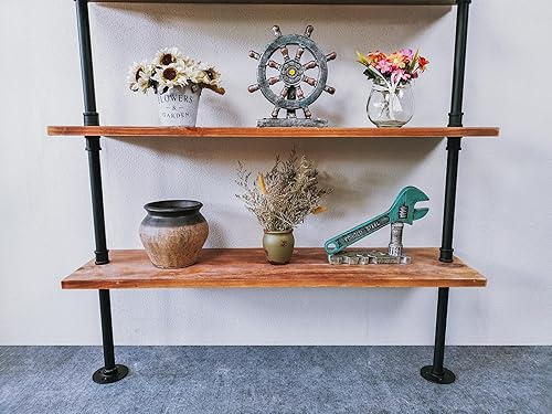 Miniatura 51 de Estantería industrial de 5 niveles, estantería rústica de tubería de metal de madera montada en la pared para sala de estar (marrón envejecido, 10