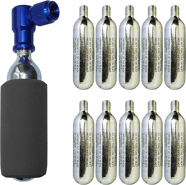 KRONYO CO2 Inflator with 10 x CO2 Cartridges - IN & OUT - Presta & Schrader Valve Compatible - Car Bike Bicycle Motorcycle, Tyre Pump For Road & Mountain Bikes - Insulated Sleeve