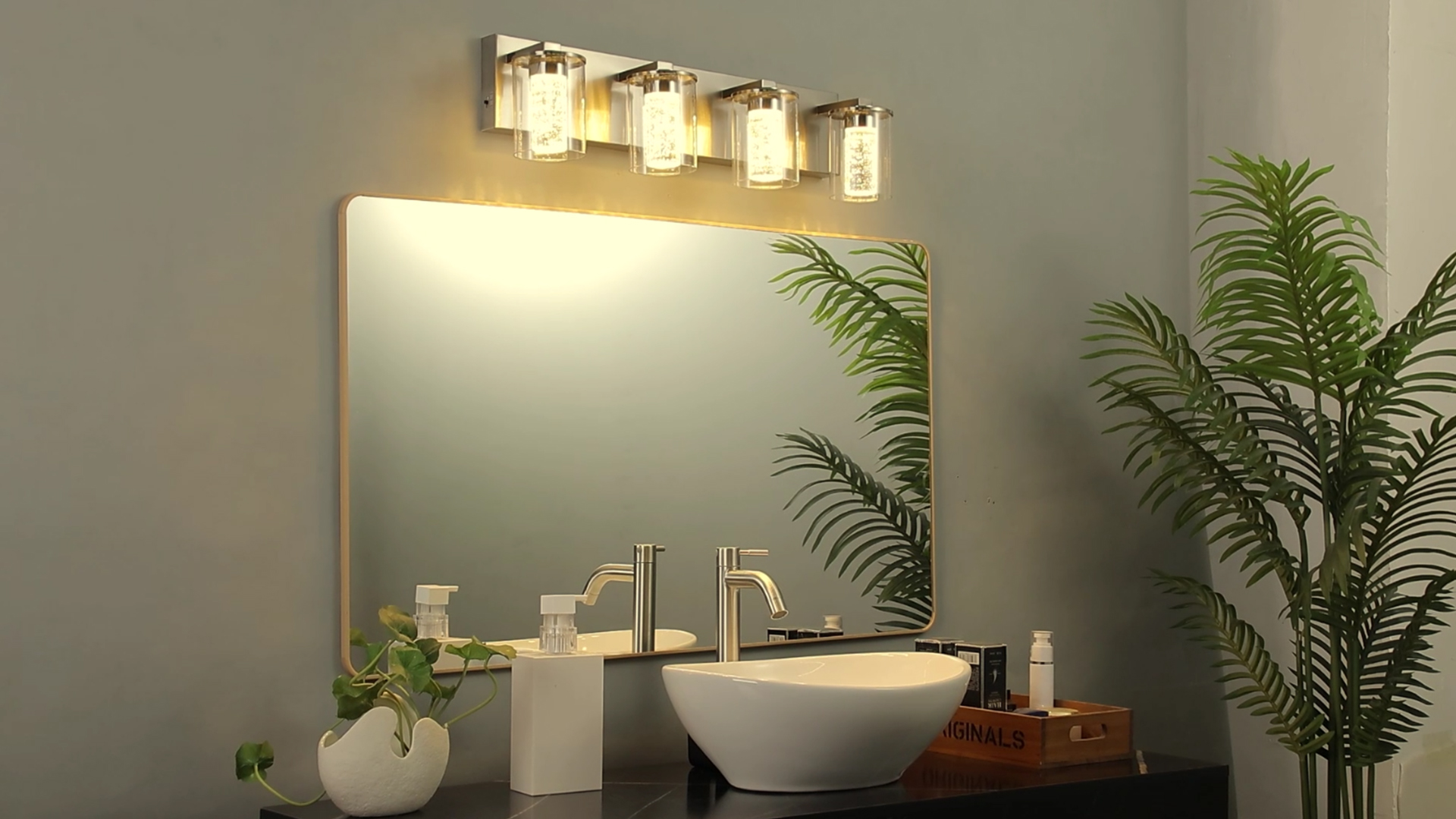 Image of SineRise Bathroom Vanity Light with 3 Color Modes (3000K /4000K /6000K), Eye Protection LED Bathroom Light Fixture, Dimmable Modern Wall Light Over Mirror with Clear Glass Shade (Black, 6-Light)