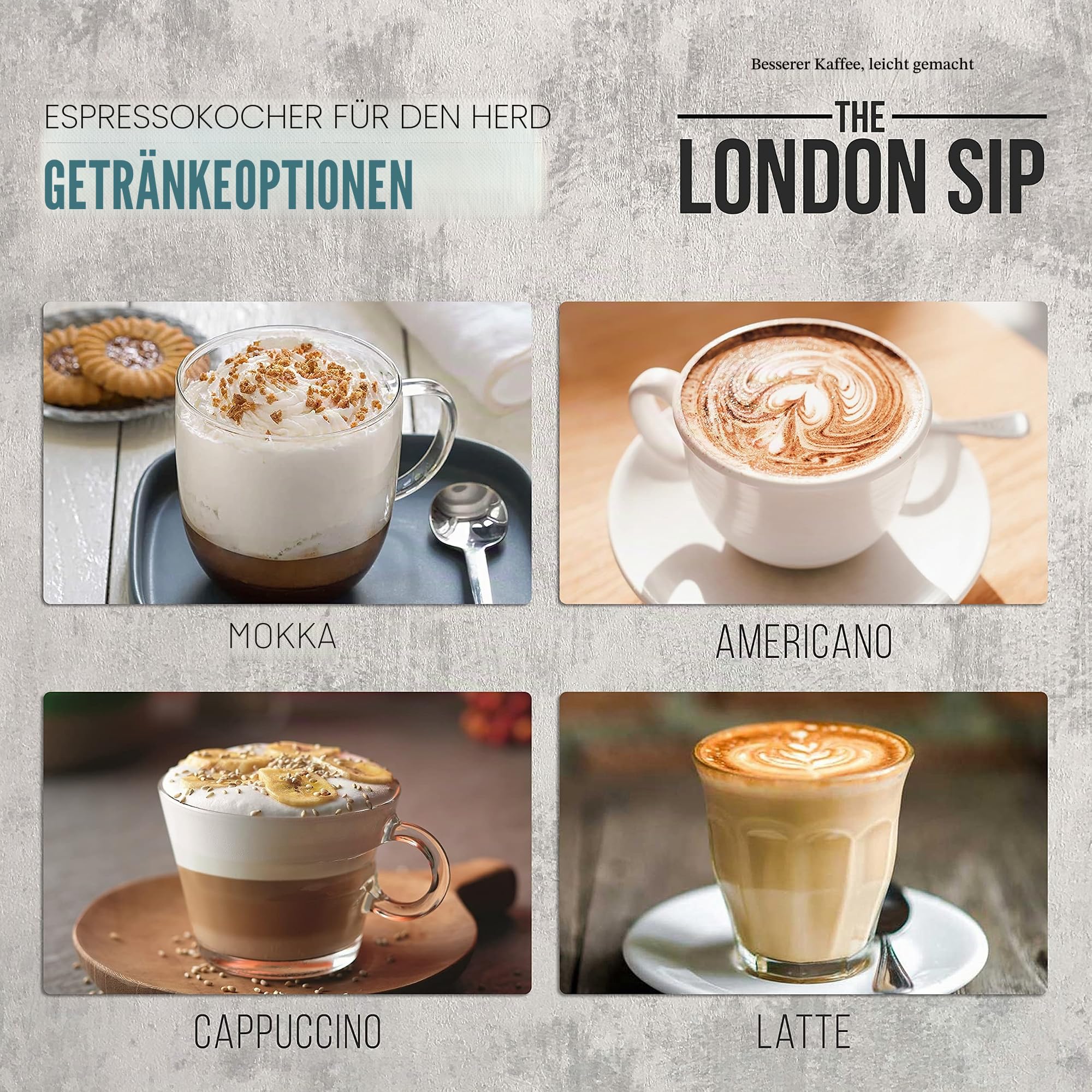 The London Sip Espressokocher Induktion geeignet, Mokkakanne aus Edelstahl, Espressokanne 6 Tassen (300 ml), Moka Pot für alle Herdarten geeignet, Silber