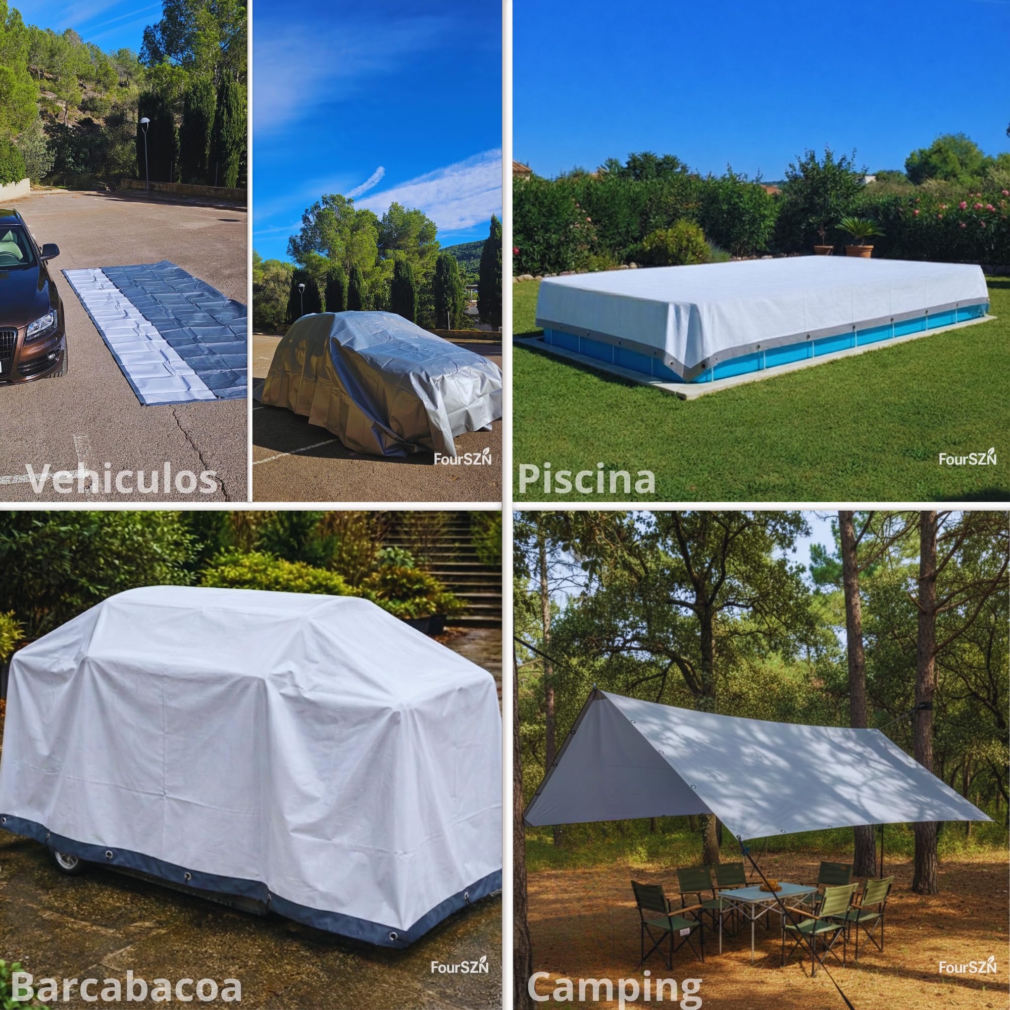 Lona Impermeable Exterior Reforzada 300 g/m², Toldo de Protección PE Doble Cara con Ojales de Aluminio y Cuerda Incluida, Resistente a Rayos UV y Lluvia para Jardín, Piscina, Coche y Leña 4x4m