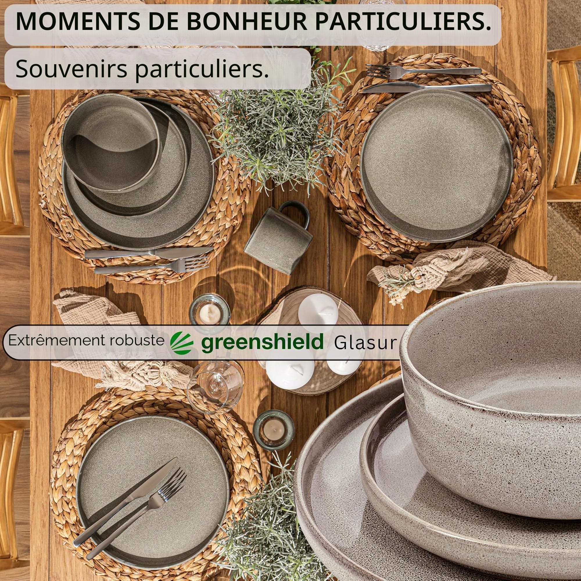 SÄNGER Kairo Clay | Service de table 18 pièces en faïence pour 6 personnes, 6 assiettes plates, 6 assiettes à dessert, 6 bols et bols gris, lot d'assiettes creuses | Value Collection