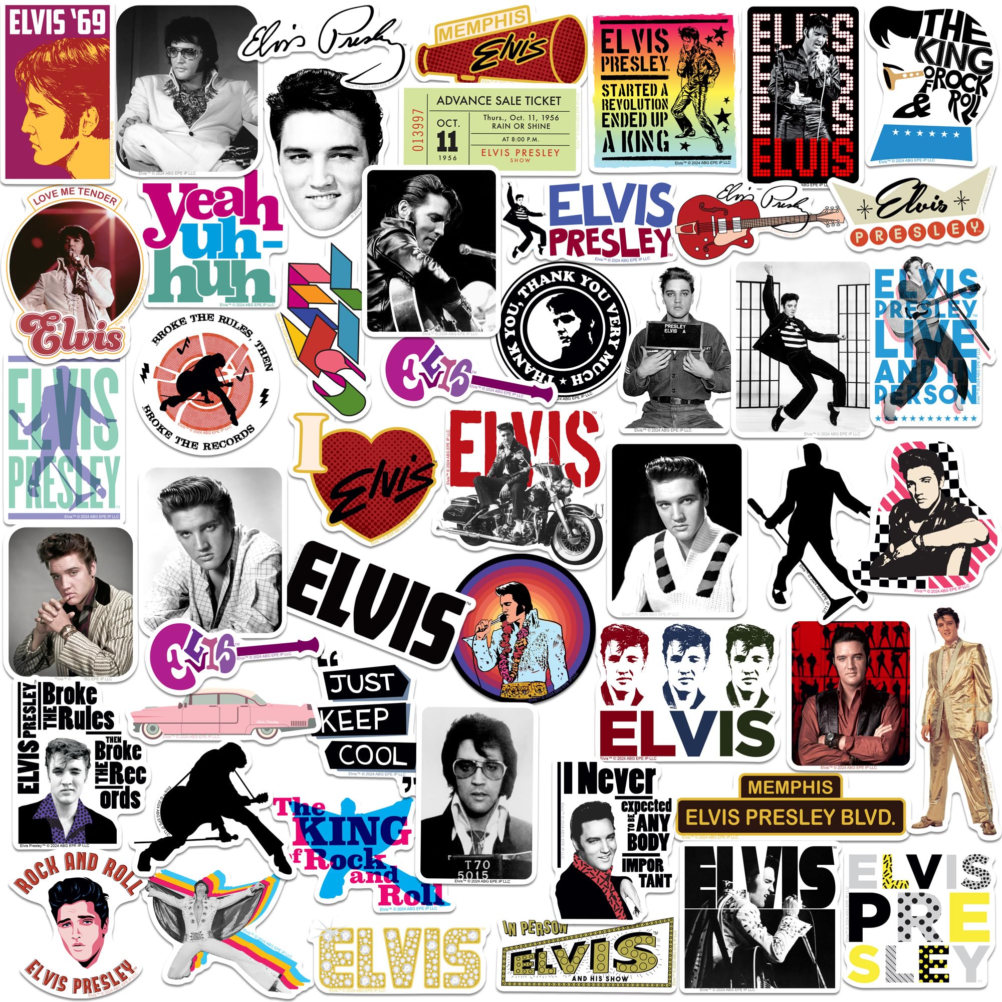 Elvis 50ct Vinyl Large Deluxe Stickers Variety Pack - Laptop, Water Bottle, Scrapbooking, Tablet, Skateboard, Indoor/Outdoor