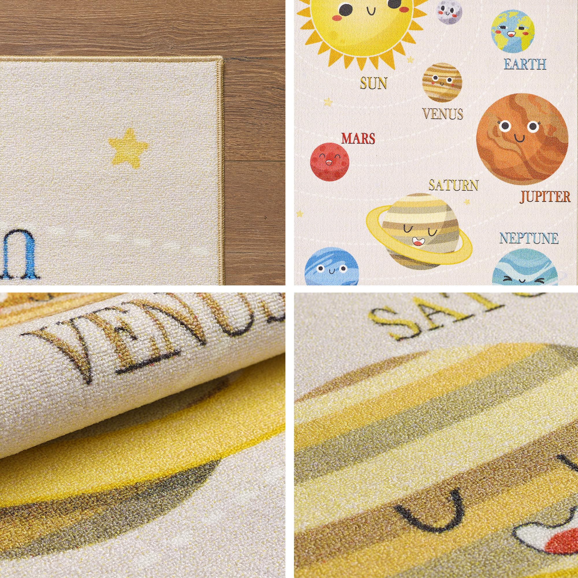 HomebyHome Kinderteppich Mehrfarbig 140x200 cm Planeten Muster Modern rutschfest Waschbar Pflegeleicht Extra Weich Antiallergen Babyteppich Kinderzimmer Jungen Mädchen