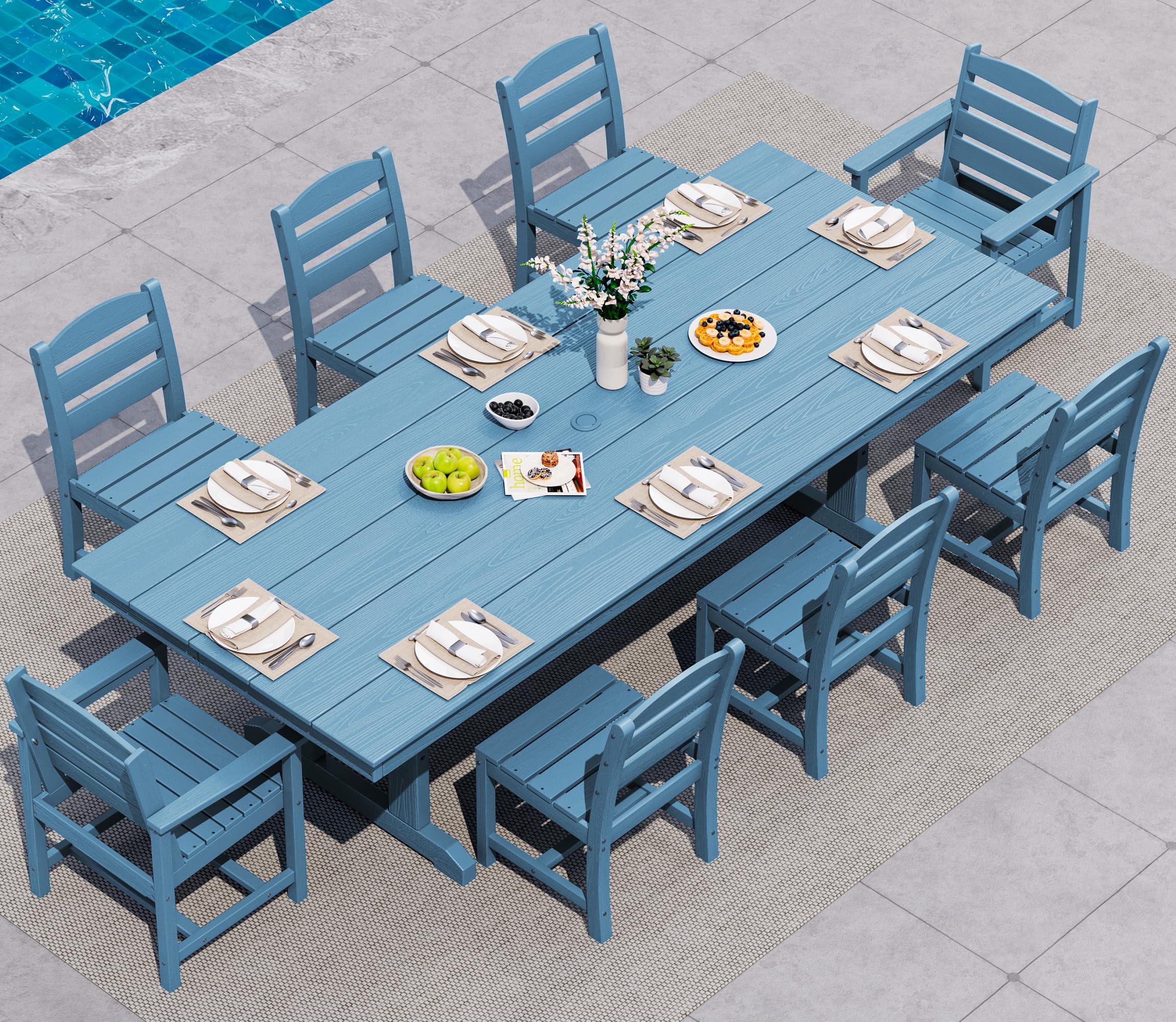 SERWALL 9Pcs HDPE Outdoor Dining Set w/6 Armless, 2 Armchairs for 8,Blue