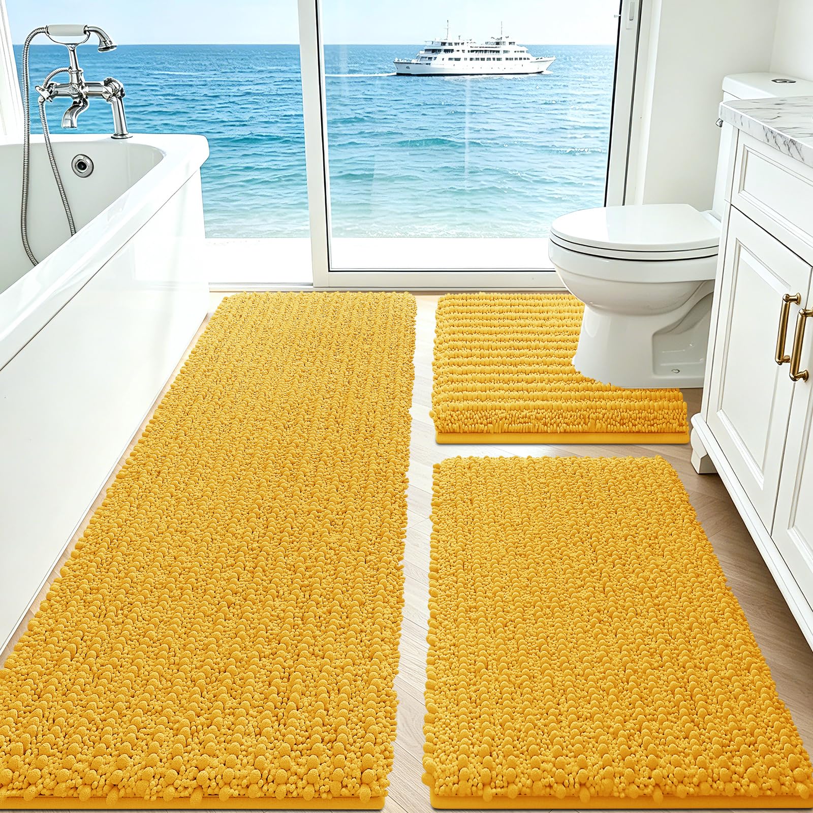 ACCUMTEK Upgrade Extra Large Gold Bathroom Rug Set 3 Pieces Ultra Soft, Thick Absorbent Bath Mats, Non Slip Chenille Toilet Mat for Bathroom, Bedroom, Kitchen, Yellow