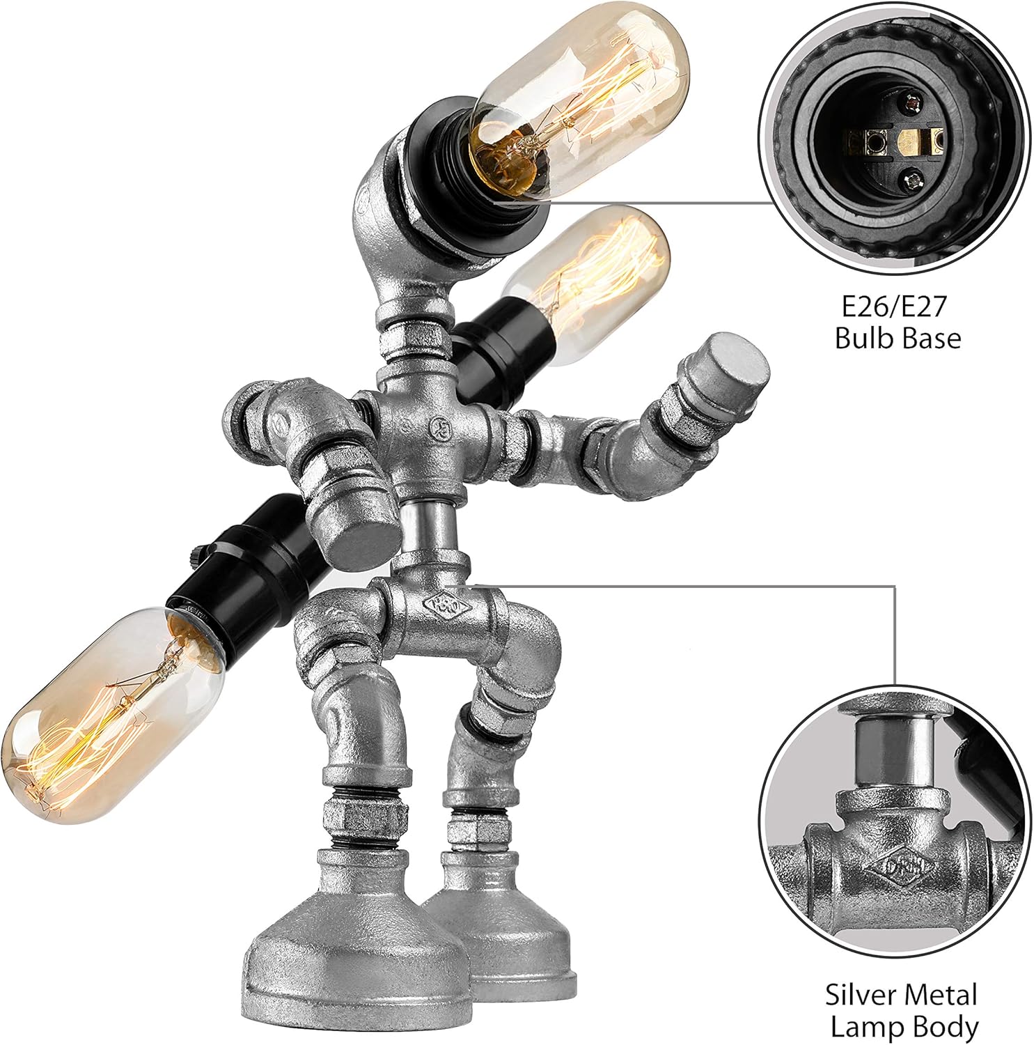 Get Cheap Price BAYCHEER Industrial Table Lamp Retro Robot Lamp Night Light Lamps for Bedrooms Bar and Restaurant Creative Water Pipe Desk Light in Silver Finish 3 Lights Button Switch