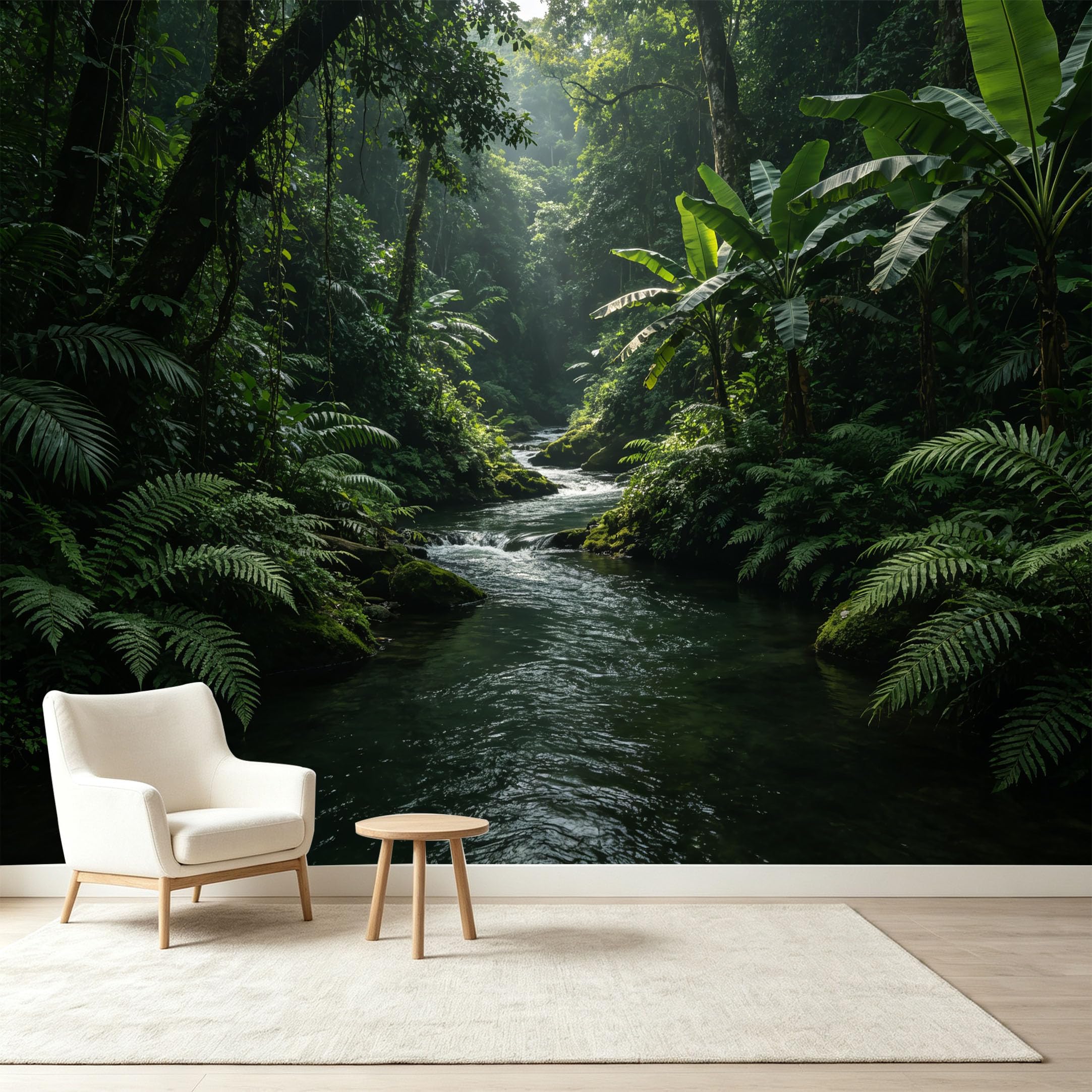 Custom Size Wall Murals Tropical Jungle River Botanical Landscape Self-Adhesive Wall Fabric Removable Wallpaper Wall Decor for Living Room Bedroom Bathroom
