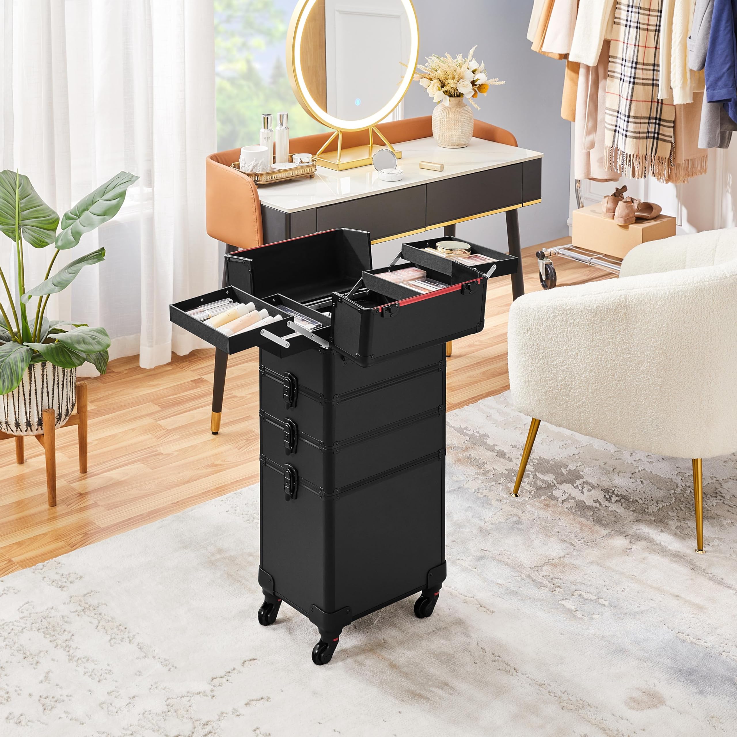 Yaheetech Alu Make-up Koffer Trolley 4-in-1 Kosmetikkoffer Beauty Case Transportkoffer 34 x 25,5 x 80,5 cm