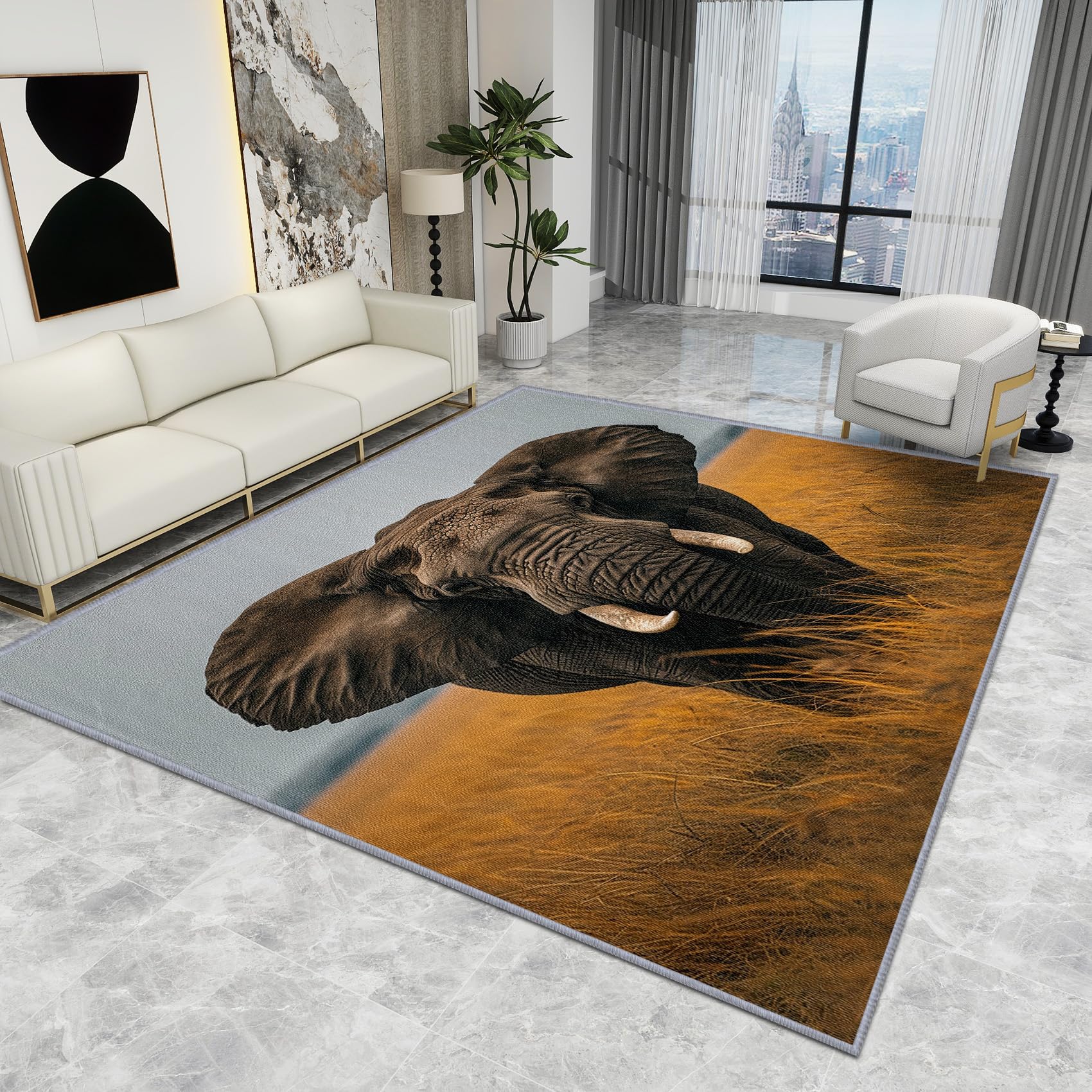 Elephant Rugs for Living Room - Elephant Rug - Wild Animal Rugs, Wild Animal Carpet, Washable Rug Non Slip Low Pile Soft Large Area Rugs, Elephant Home Decor Gifts, 120 X 170 cm