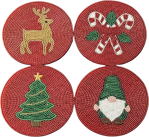 Miniatura 15 de Folkulture Juego de 4 posavasos (4 pulgadas) | Posavasos cuadrados hechos a mano con cuentas para mesa de café y bar | Decoración bohemia para el