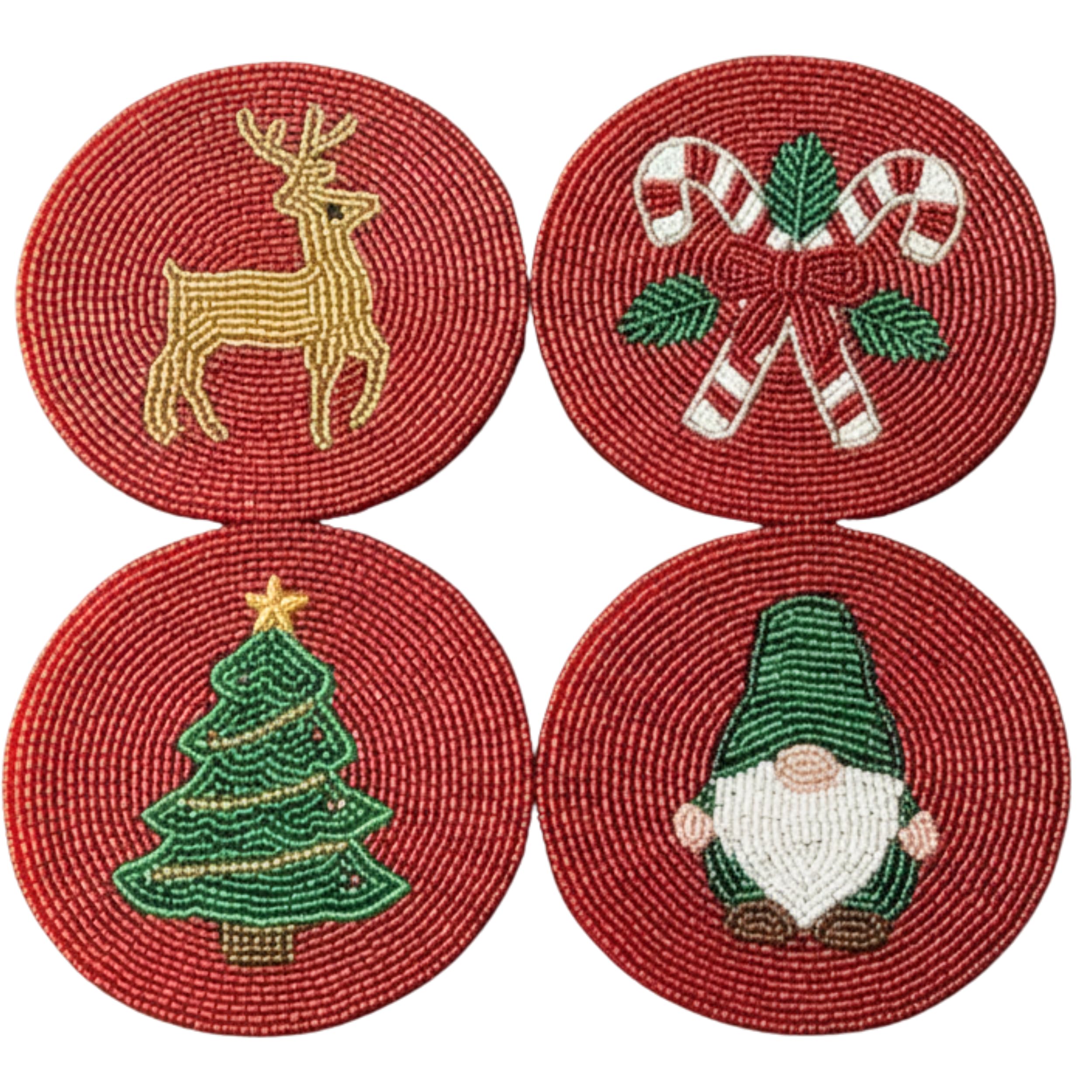 Folkulture Coasters Set of 4 (4") | Holiday Magic Beaded Handmade Round Drink Coasters for Coffee Table & Bar | Boho Table Décor | Hand-Crafted Cute Coasters for Housewarming Gifts