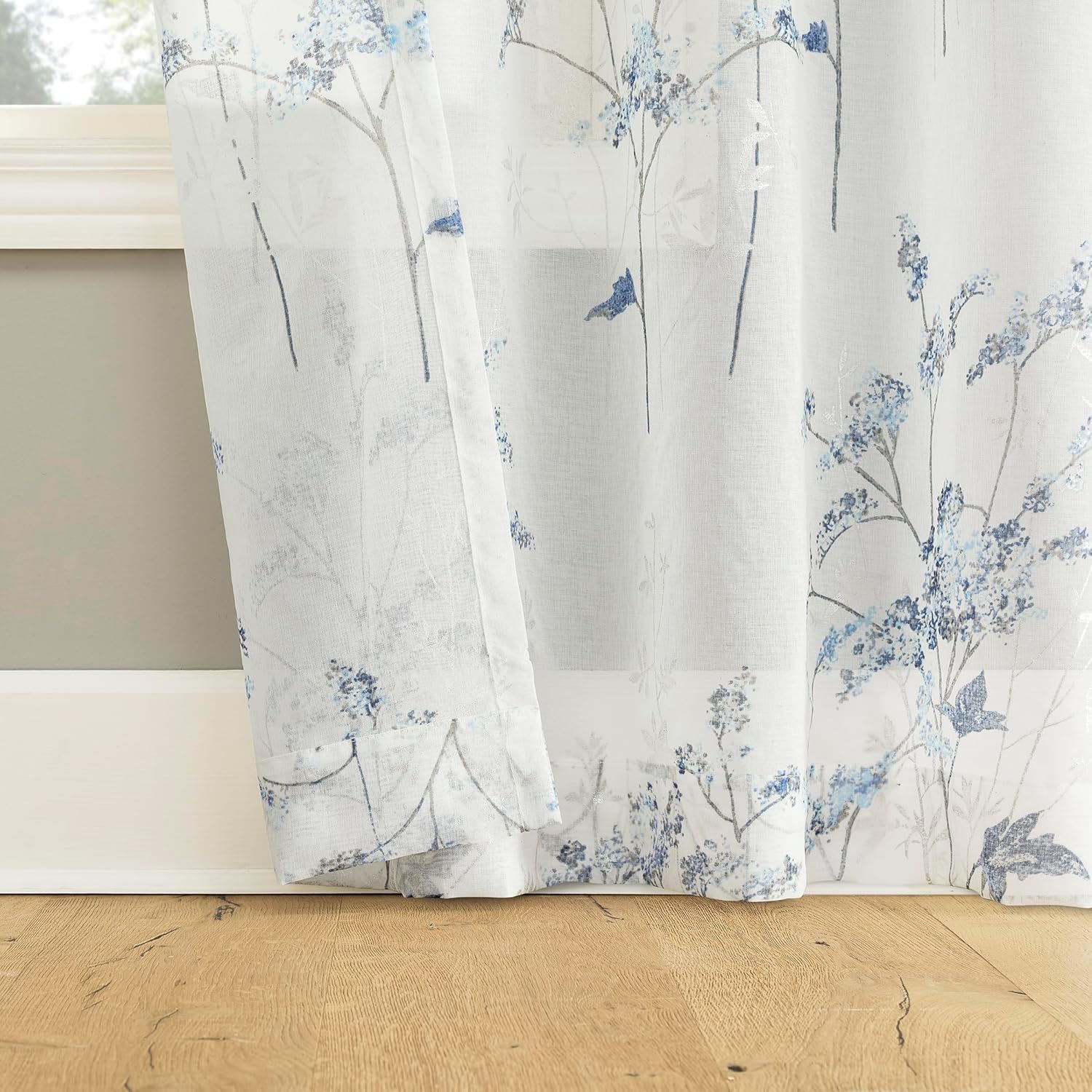 No. 918 Mila Botanical Print Sheer Rod Pocket Curtain Panel, Blue, 50" W x 84" L (1 Panel)