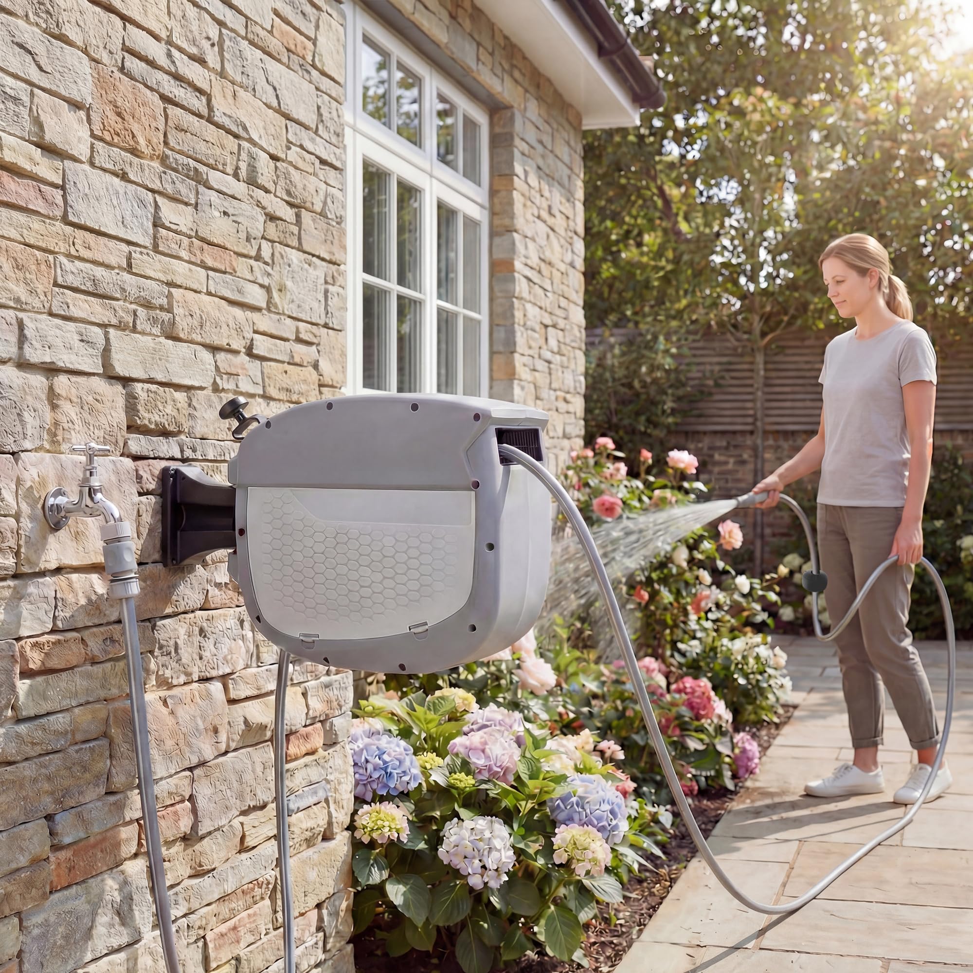 Outsunny Schlauchtrommel mit Gartenschlauch 20 m 180° Schwenkbar Grau | Schlauchbox, Automatische Aufrollung, Selbstverriegelung, Schlauchaufroller zur Wandmontage, Wasserschlauchaufroller