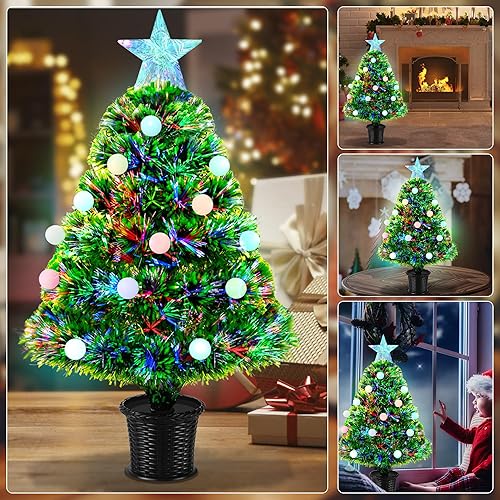 Miniatura 2 de Árbol de Navidad verde de 22 pulgadas con luz de fibra óptica, pequeño árbol de Navidad artificial preiluminado con bola, estrella superior, mini