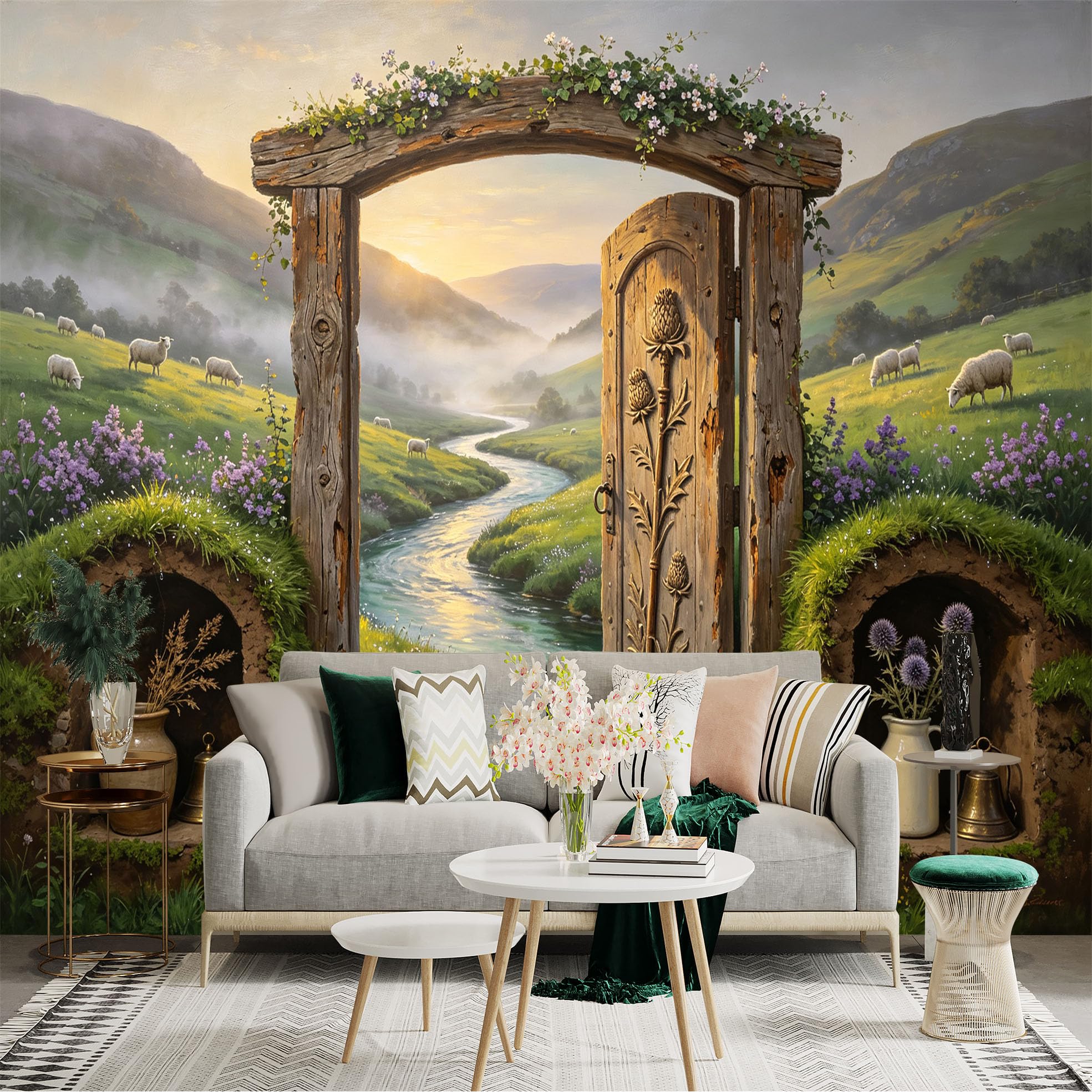 Custom Size Wall Sticker Mural， Rustic Wooden Door， Countryside River Valley， Sheep Meadow Landscape， for wall Decoration， peelandstick wall Decals.