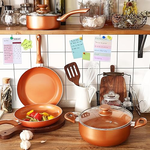 Miniatura 5 de Clockitchen Juego de utensilios de cocina antiadherentes, 6 piezas de ollas y sartenes en color cobre, juego de cocina de inducción con sartenes y