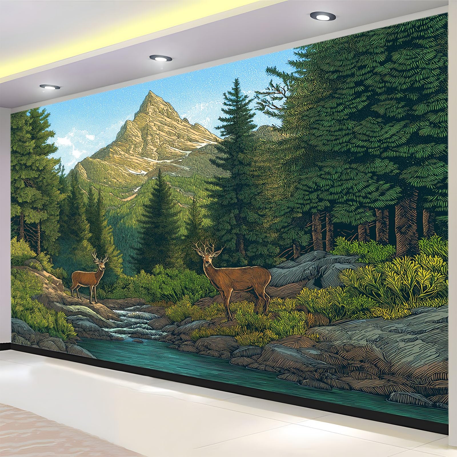Tapeta 3D, las, strumień, jeleń, 250 x 175 cm, murale ścienne, naturalne elementy, włóknina, fototapeta do salonu, sypialni, pokoju dziecięcego, biura, dekoracja, łatwa w instalacji