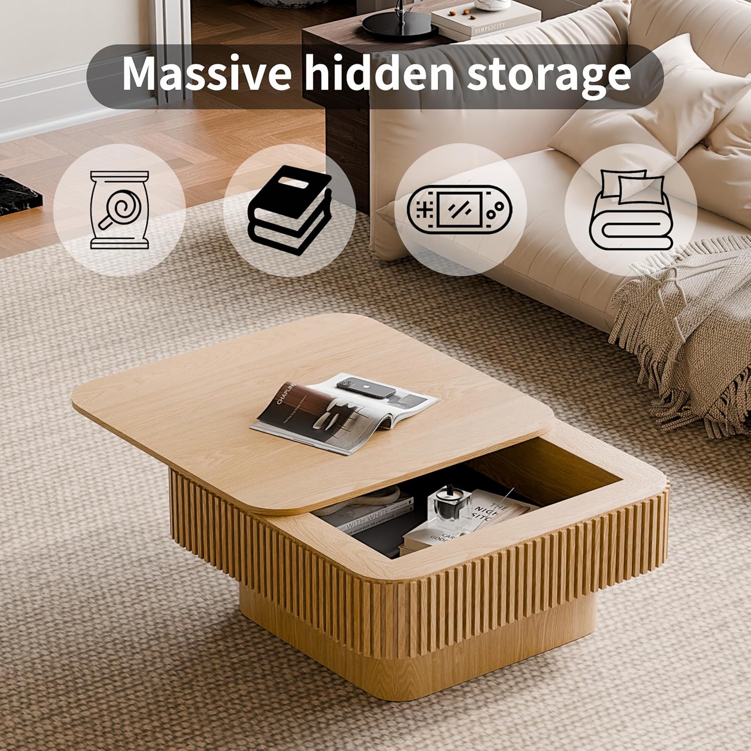 31.5" Square Coffee Table with Hidden Storage, Solid Wood Modern Coffee Table Accent Tea Table for Living Room, Bedroom, Apartment or Office, Natural Wood