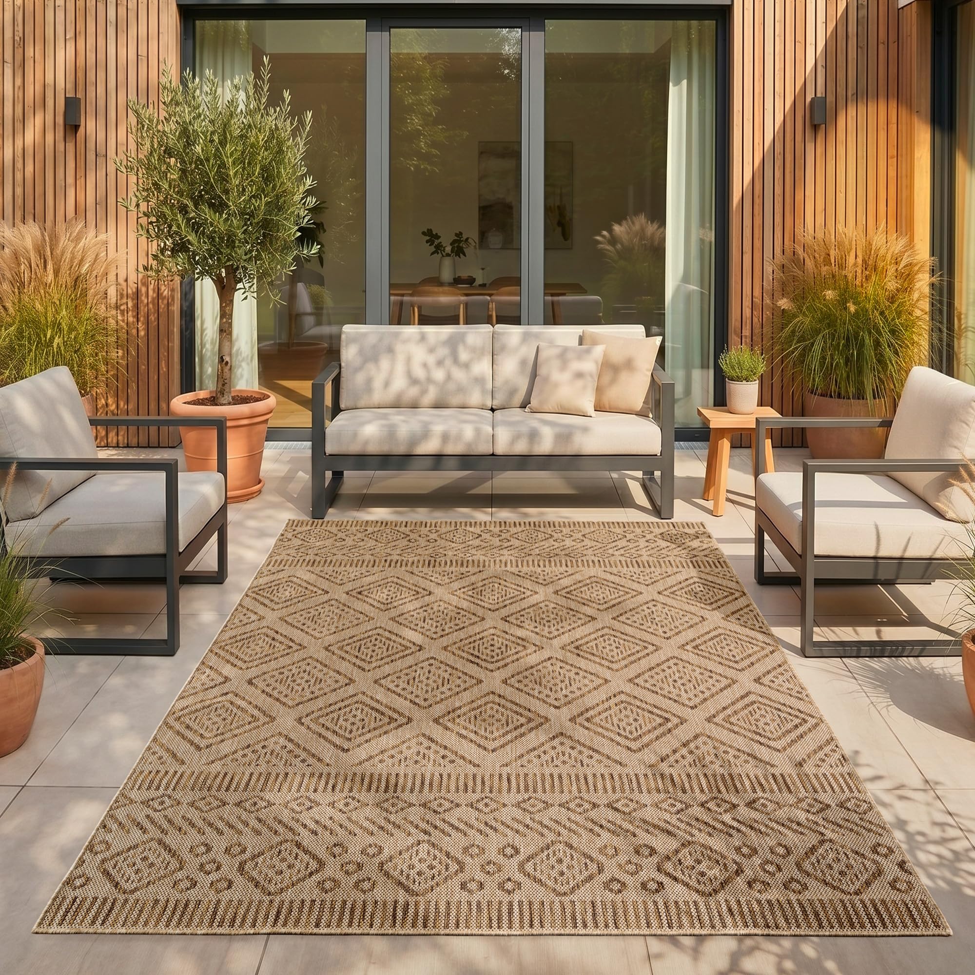 SIMPEX Outdoor Teppich Beige Balkon Terrasse Garten Wetterfest UV-beständig Teppich Einfarbig Flachgewebe Pflegeleicht Robust Modern