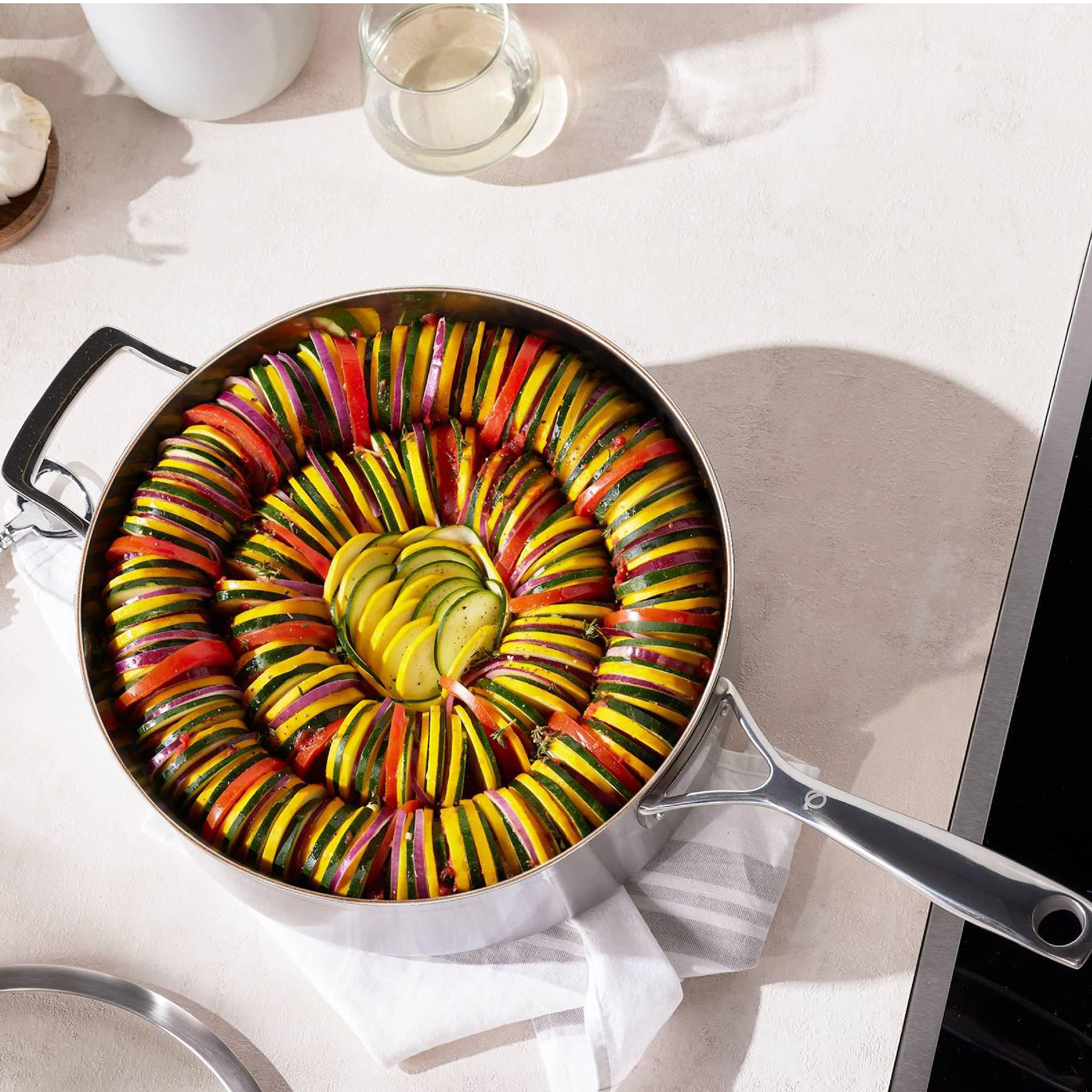 Olavson Schmorpfanne 28 cm hoher Rand, Kupferpfanne, Induktion, mit Deckel, Antihaftbeschichtung, Servierpfanne 28 cm hoher Rand, unbeschichtete Pfanne, Edelstahl mit Kupferkern (Servierpfanne) 6.5L