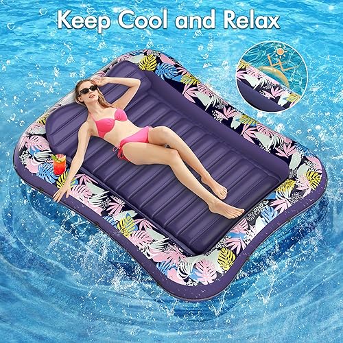 Miniatura 4 de Flotador para tumbona de piscina, de 75 x 51 pulgadas, para adultos, con reposacabezas y soporte para bebidas, cama inflable para tomar el sol,