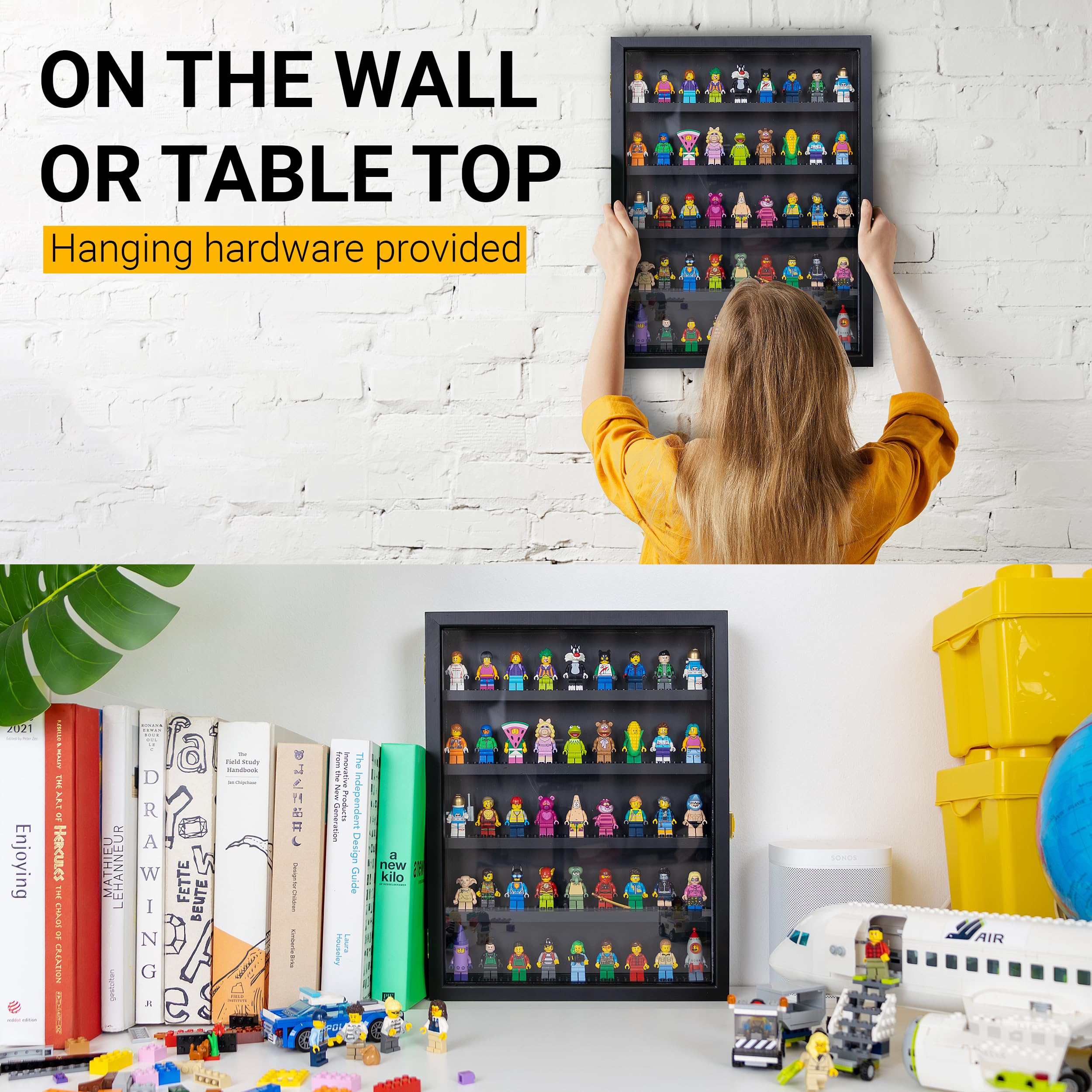 Minifigure Display Case, Lego Building Block Toy Miniature Action Figure Display Case for Lego Mini Figure Display Case Minifig Display Case Mini Figure Display Cabinet, Number Lock (Pine)