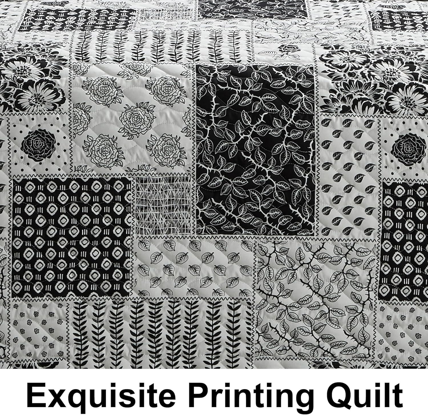 Stratford Park All Season Floral Printing 3 Piece Quilt Set, Queen Size Black White Quilt with Pillow Sham, Bedspreads & Coverlets