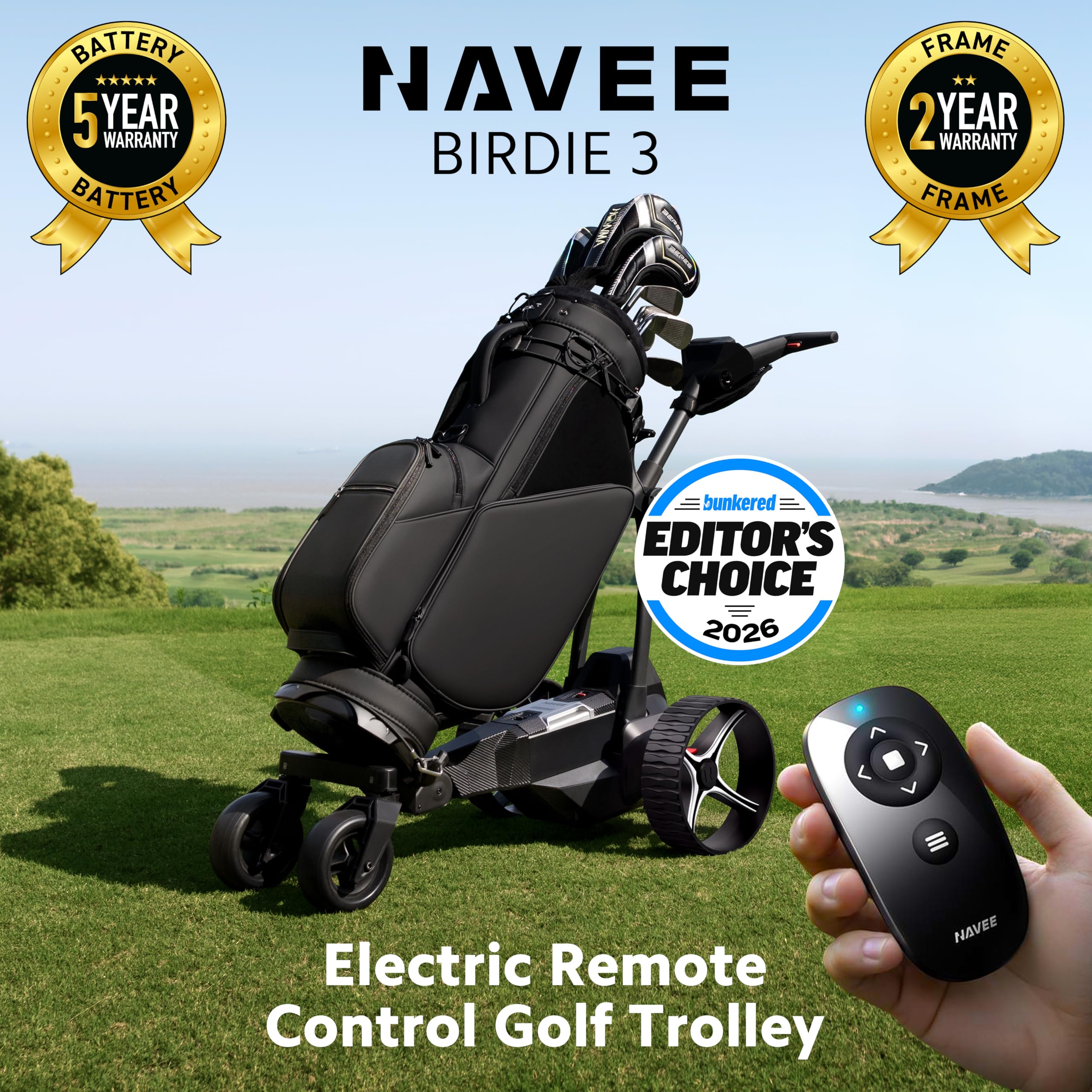 NAVEE Birdie - Carrito de Golf eléctrico con 3 mandos a Distancia, Compacto de un Solo Toque, Motores duales, batería de 220 WH para 36 Agujeros, Sistema de Estabilidad de Ruedas 4+1, Control de