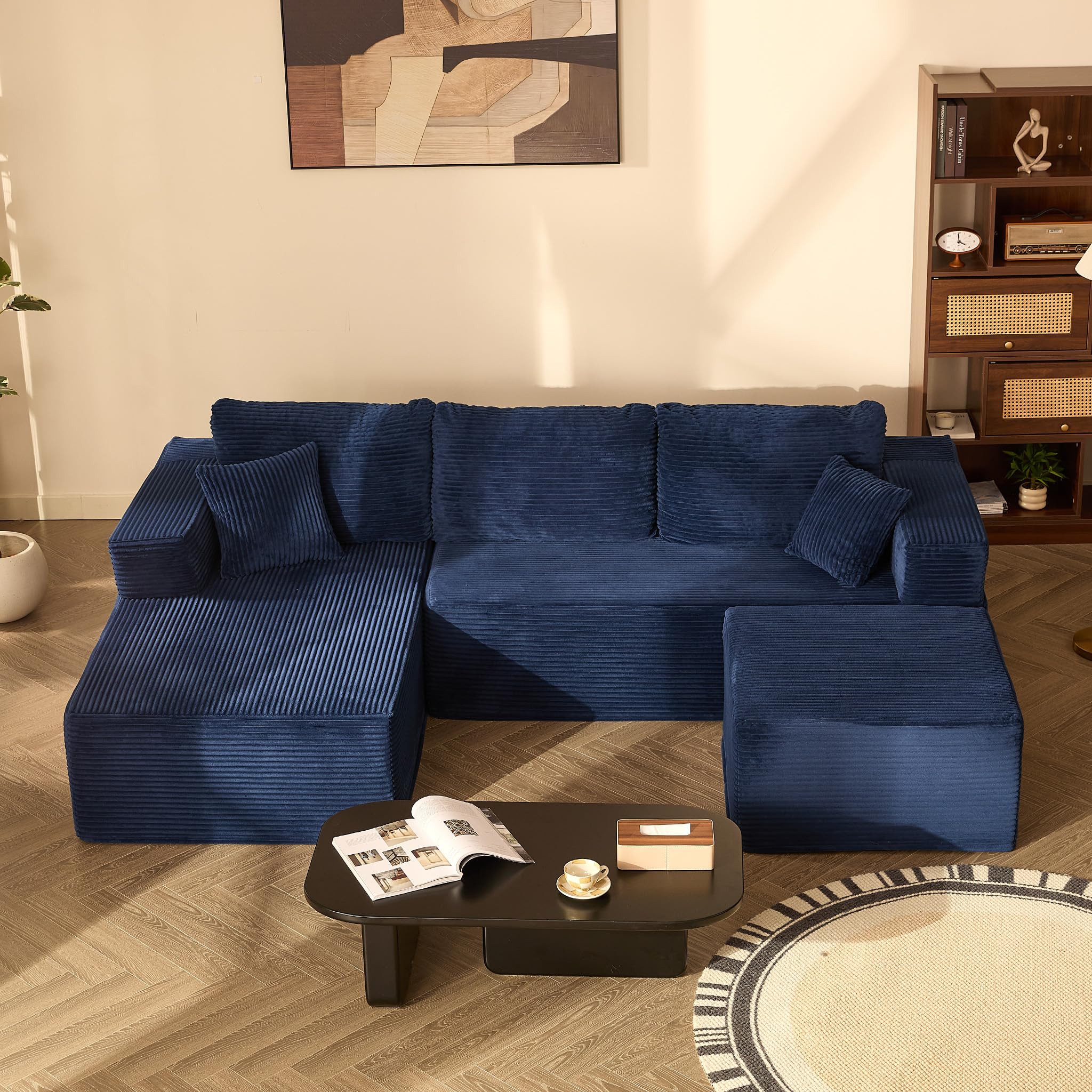 Litbird U-förmiges modulares Ecksofa 272 cm mit Schlaffunktion, rahmenloses Oversize Schlafsofa mit Chaiselongue Links, extra Tiefe Sitzfläche, montagefrei – für Wohnzimmer & Schlafzimmer,Navyblau