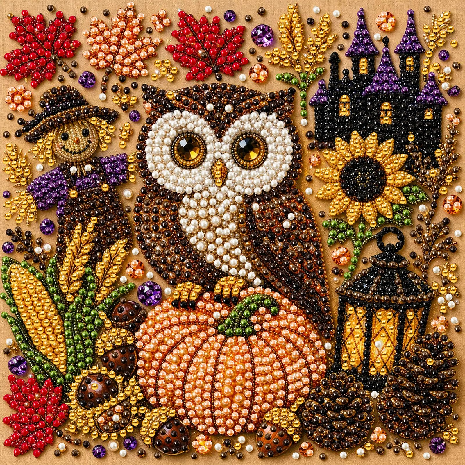 Sowa dyniowa w ramce DIY zestawy do malowania perłami 20x20cm