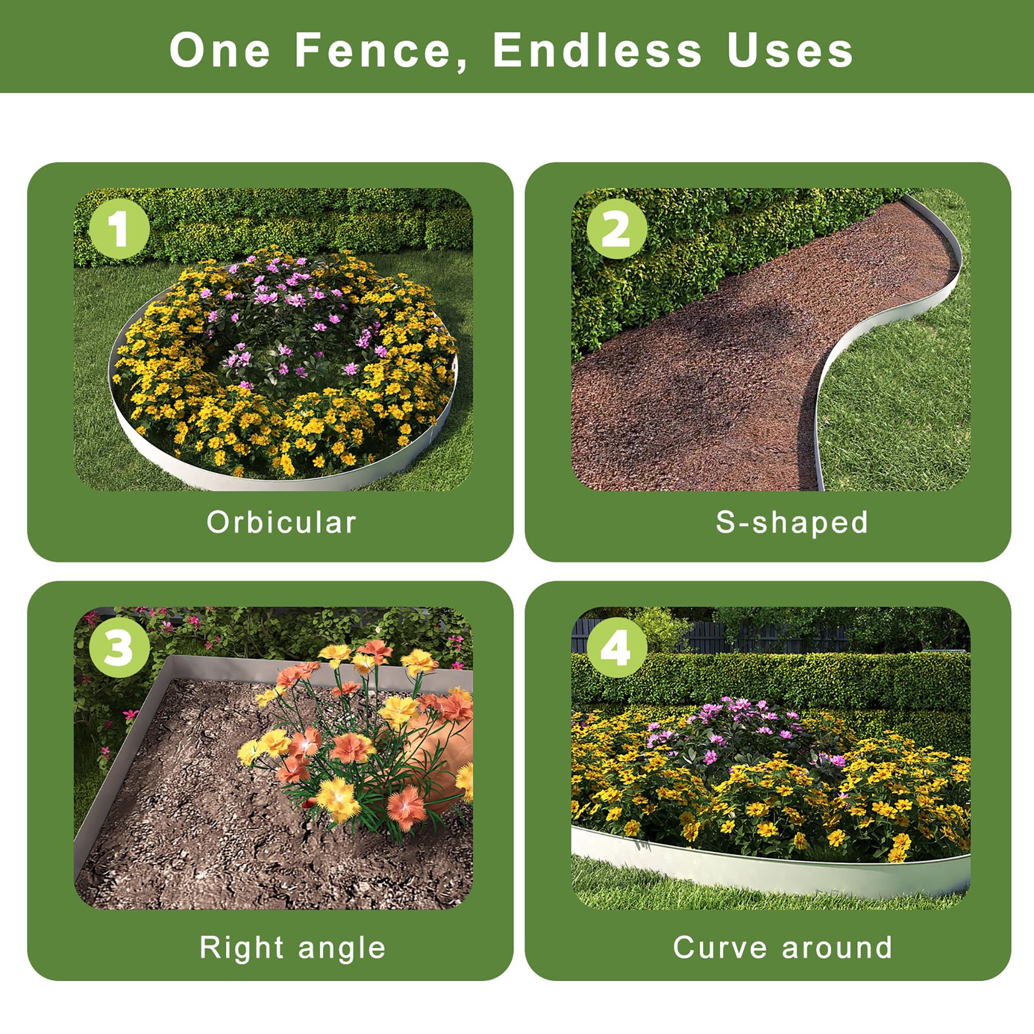 ACXIN Metall Rasenkante 15 cm hoch, verzinkte Oberfläche, Vielseitige Beeteinfassung für Rindenmulch, als Mähkante oder Baumring, Robust, Flexibel und Schnell zu Installieren(Silber, 20M)