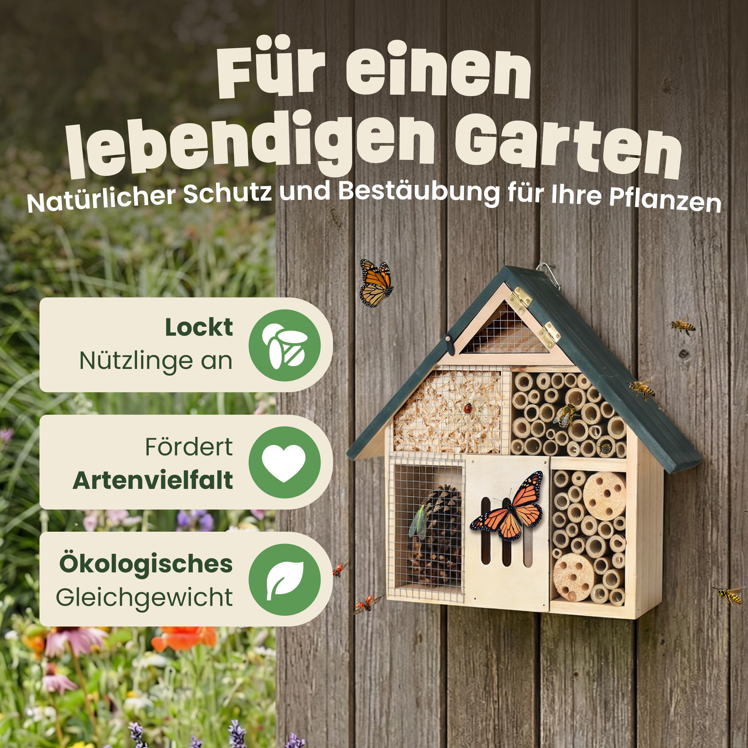 zooprinz Insektenhotel kompakt aus Holz 28,5 cm grünes Dach | Wetterfestes Insektenhaus und Bienenhotel, Nisthilfe mit Bambus-Röhrchen für Wildbienen, Garten und Balkon