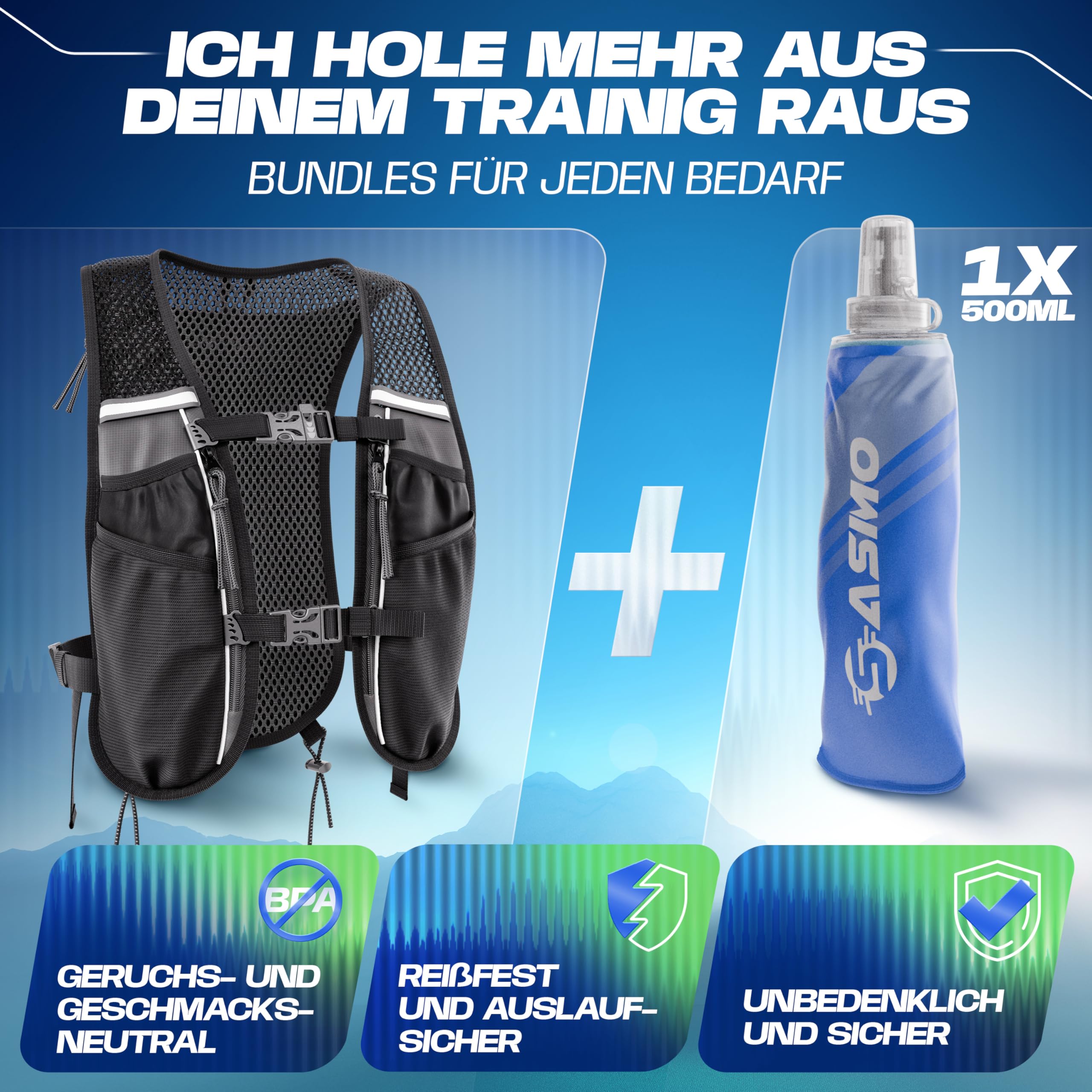 SASMO® Laufweste Damen & Herren 5L / 2L | Running Vest - Ultraleicht & atmungsaktiv| Laufrucksack Damen - 8 Taschen | Laufweste Herren | Trinkweste Laufen