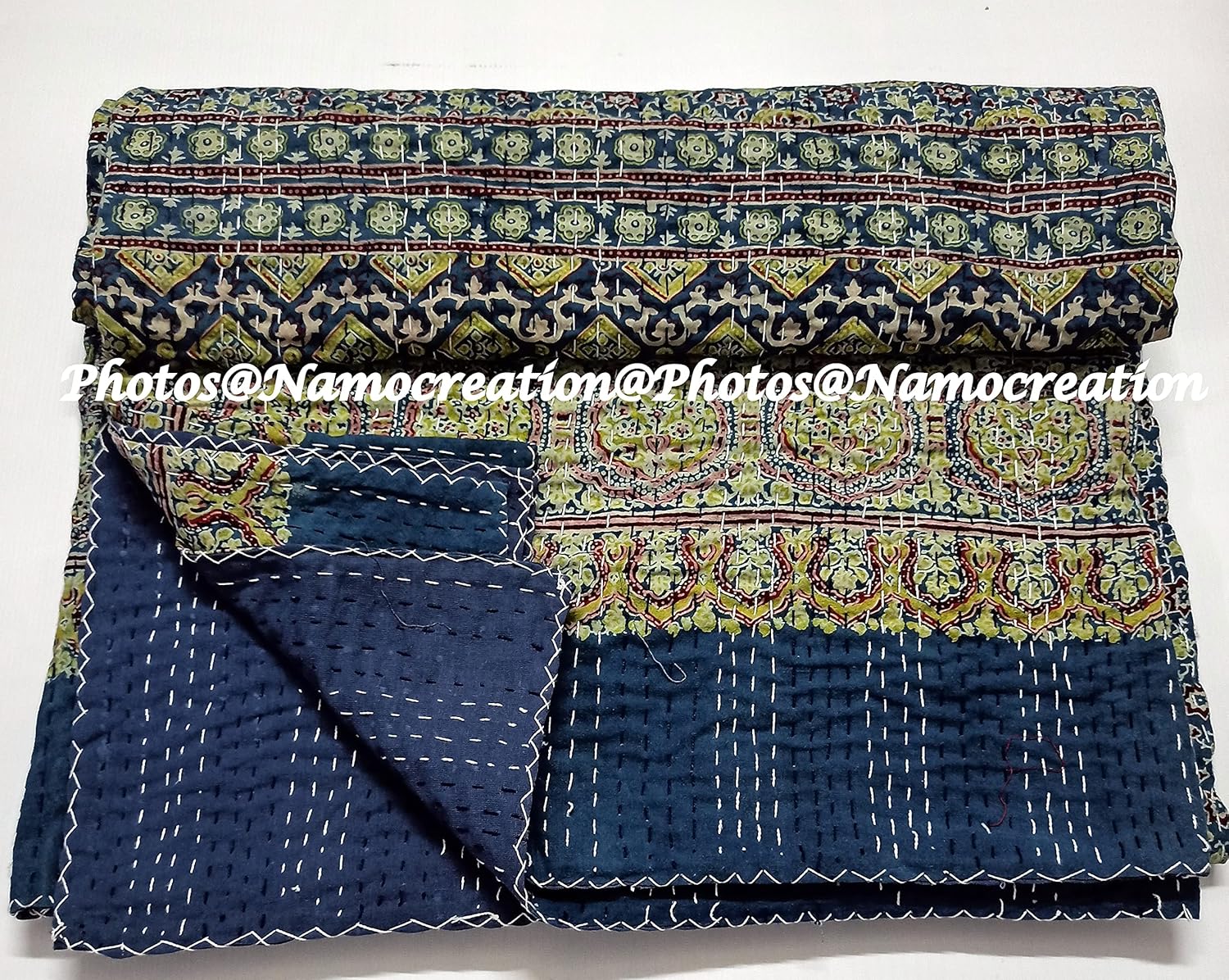 Ajrakh Print Cotton Kantha Handmade Quilt Handblock Sofa Cover Bohemian Bedspread Reversible Throw Blanket California King/Queen/Twin Size (Yellow Blue, 90X108 Inches)