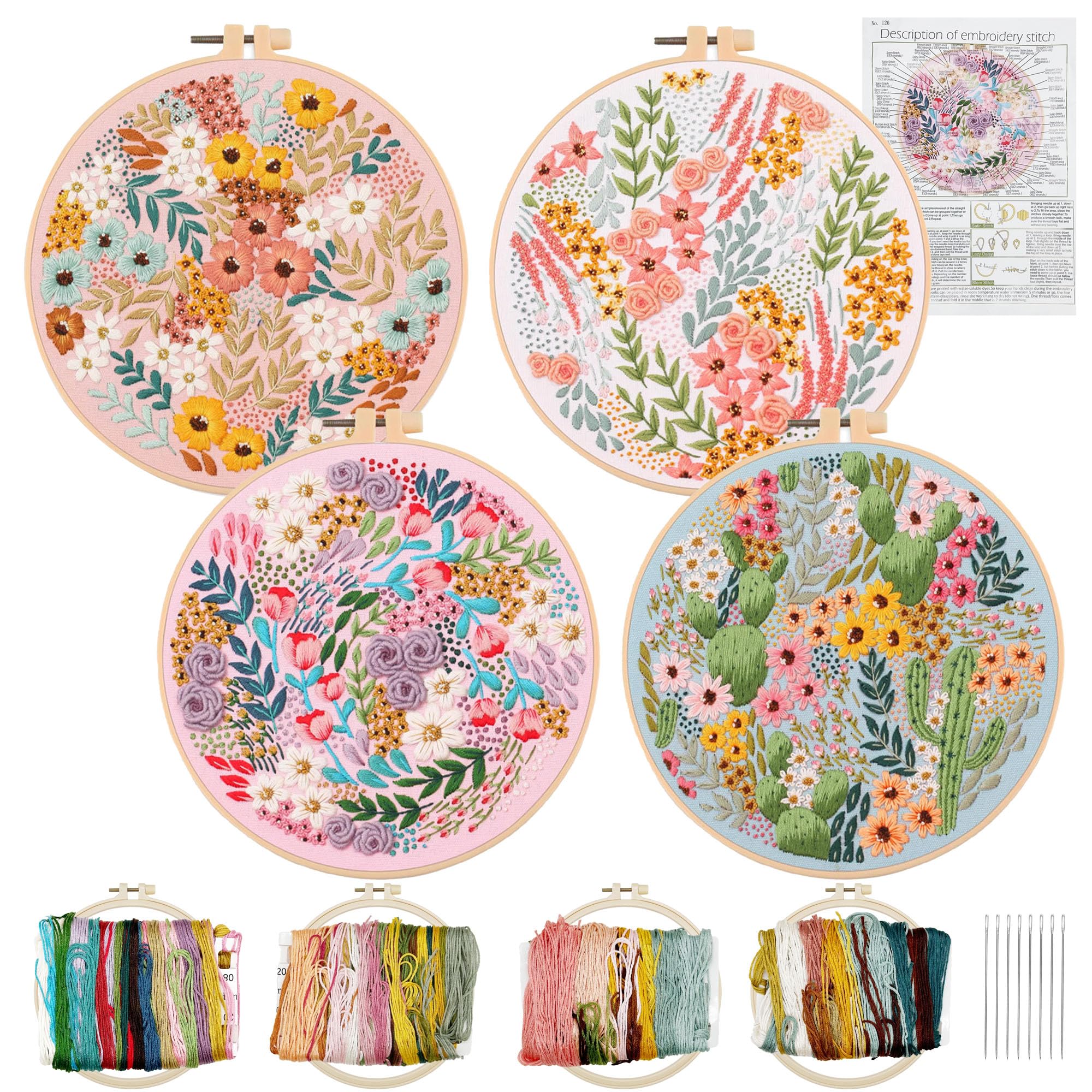 Kit Ricamo Per Principianti - 3 Motivi Floreali, Con Cartamodello, Filo E Aghi, Per Punto Croce - Foto 3