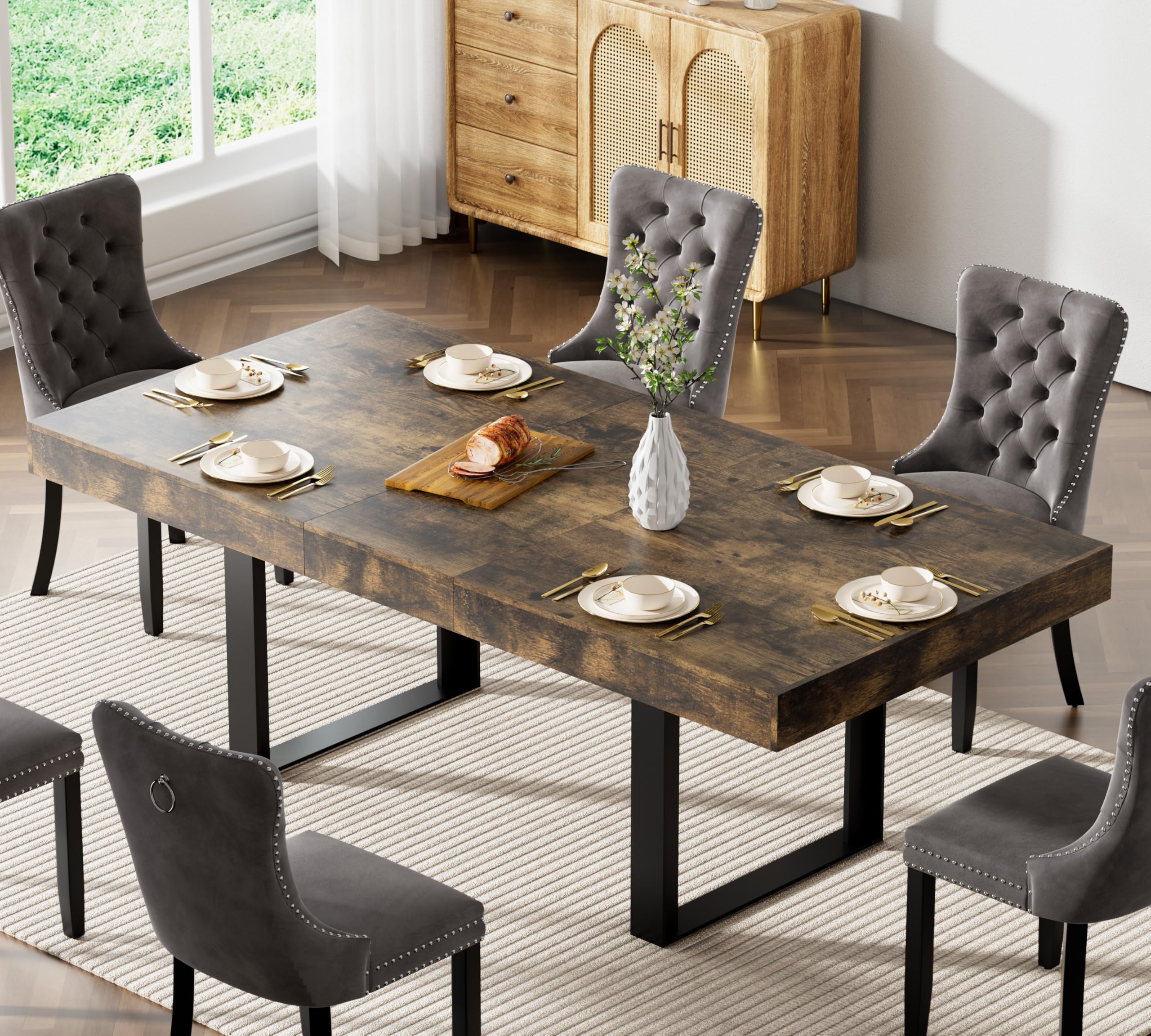 MTFY 78.74" Rectangular Extendable Dining Table, Extendable Dining Room Table for 6 8 10, Modern Farmhouse Wooden Long Large Conference Kitchen