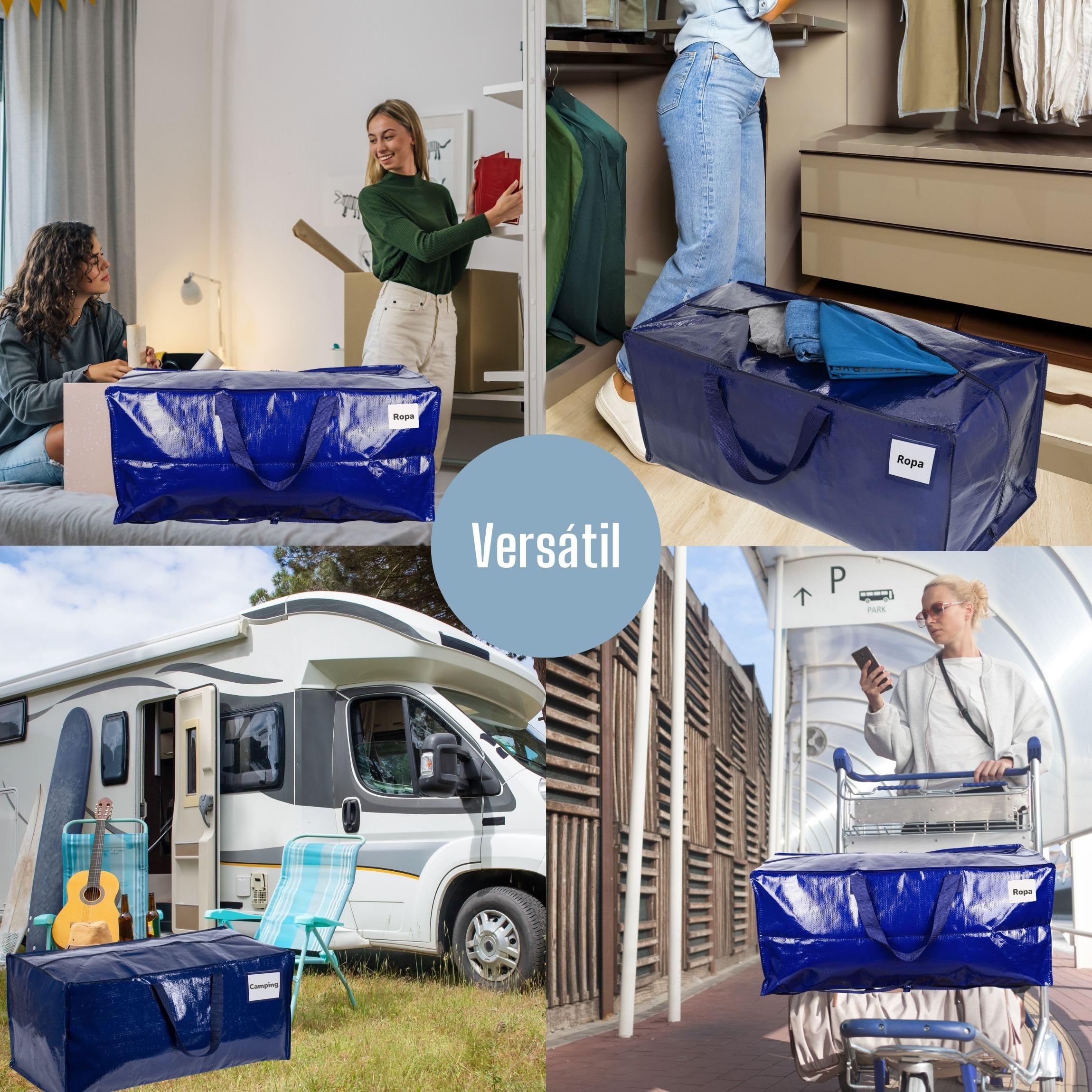 VENO Pack de 6 Bolsas de Mudanza, Almacenamiento Extra Grande con Correas de Mochila, Cremalleras y Asas Resistentes, Bolsas de Lavandería para Guardar Ropa y Embalar (Azul, Pack de 6)