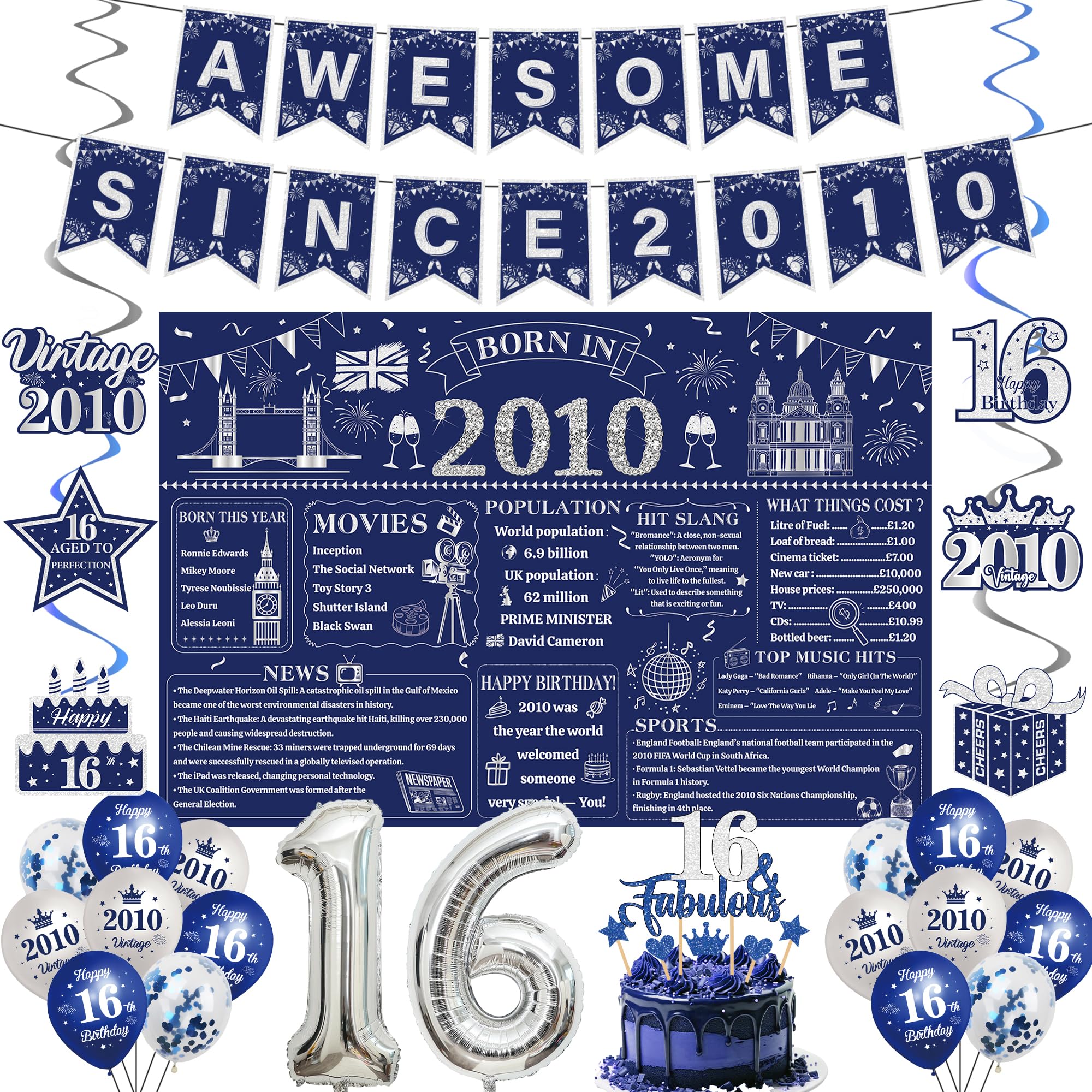 16th Birthday Decorations Boys Kit - 32 Pcs Blue Sliver Awesome Since 2010 Banner Born in 2010 Backdrop Hanging Swirls Streamers Cake Topper 16 Balloon Set for 16 Year Old Party Decoration Supplies
