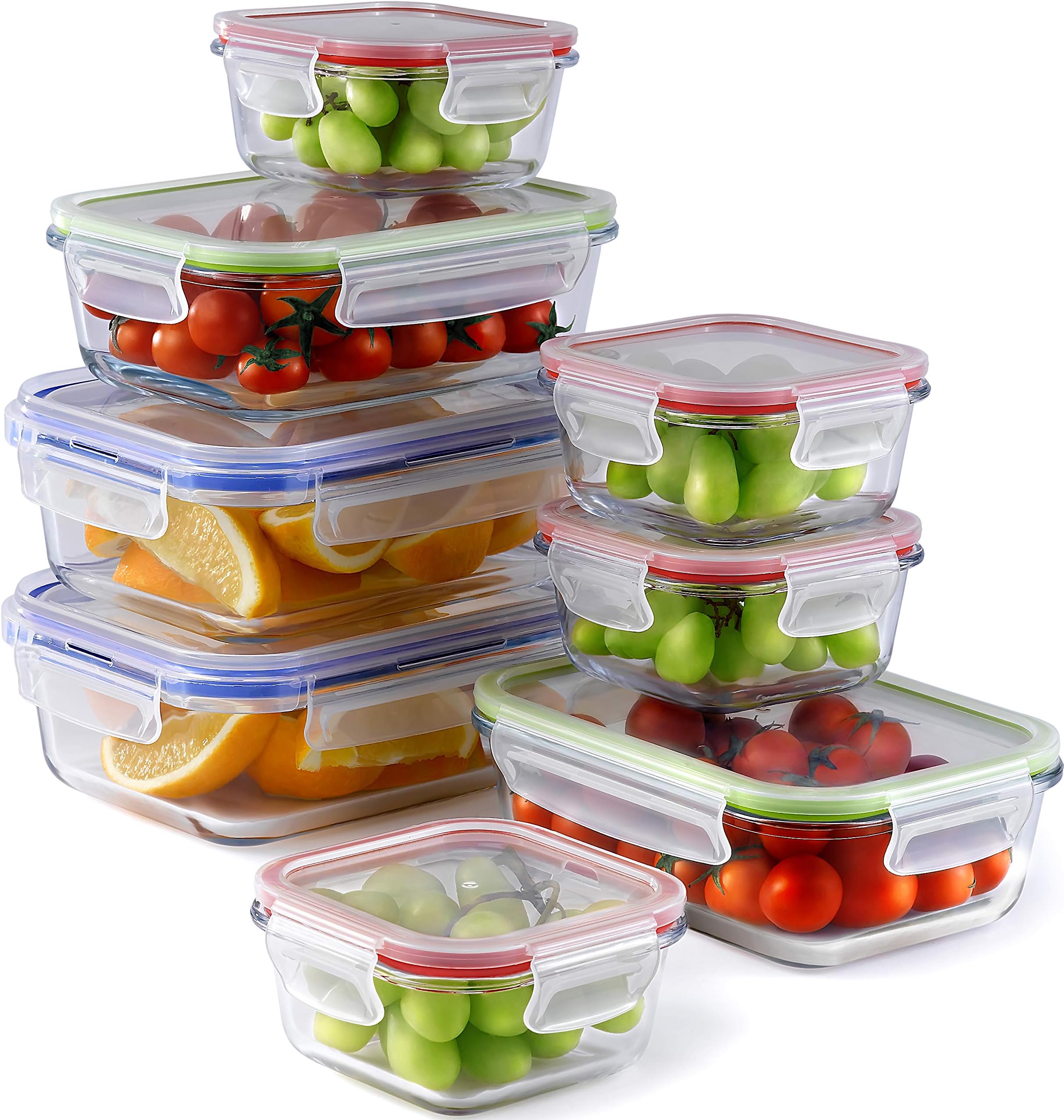 Glass Container with lid - 3 Sizes, 8 Pieces 1 Compartment Glass Food Containers | Glass Meal Prep Containers | Oven, Microwave, Freezer, Dishwasher Safe